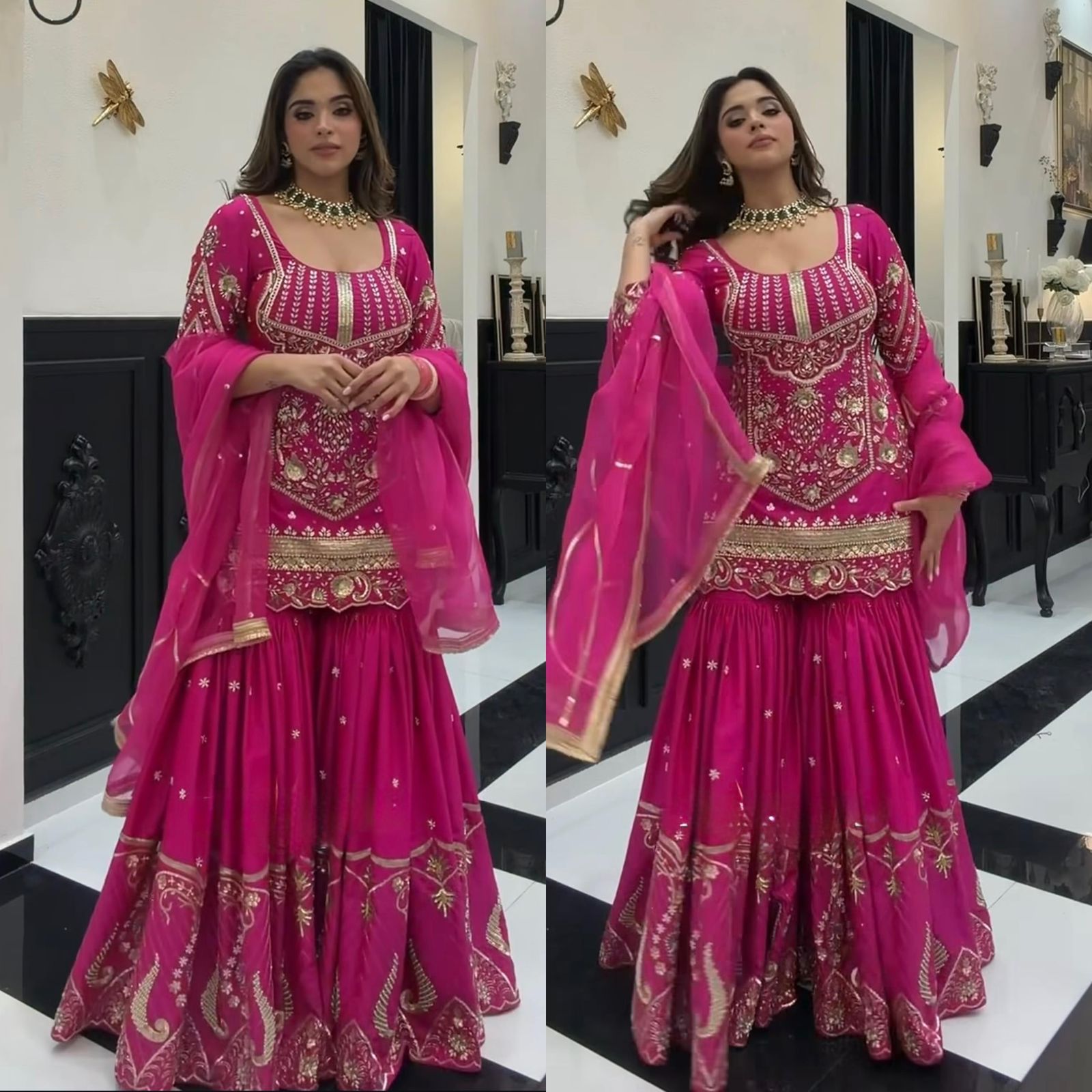 SW196 Magenta pink sindoor silk sharara palazzo flat lay full set with pink dupatta