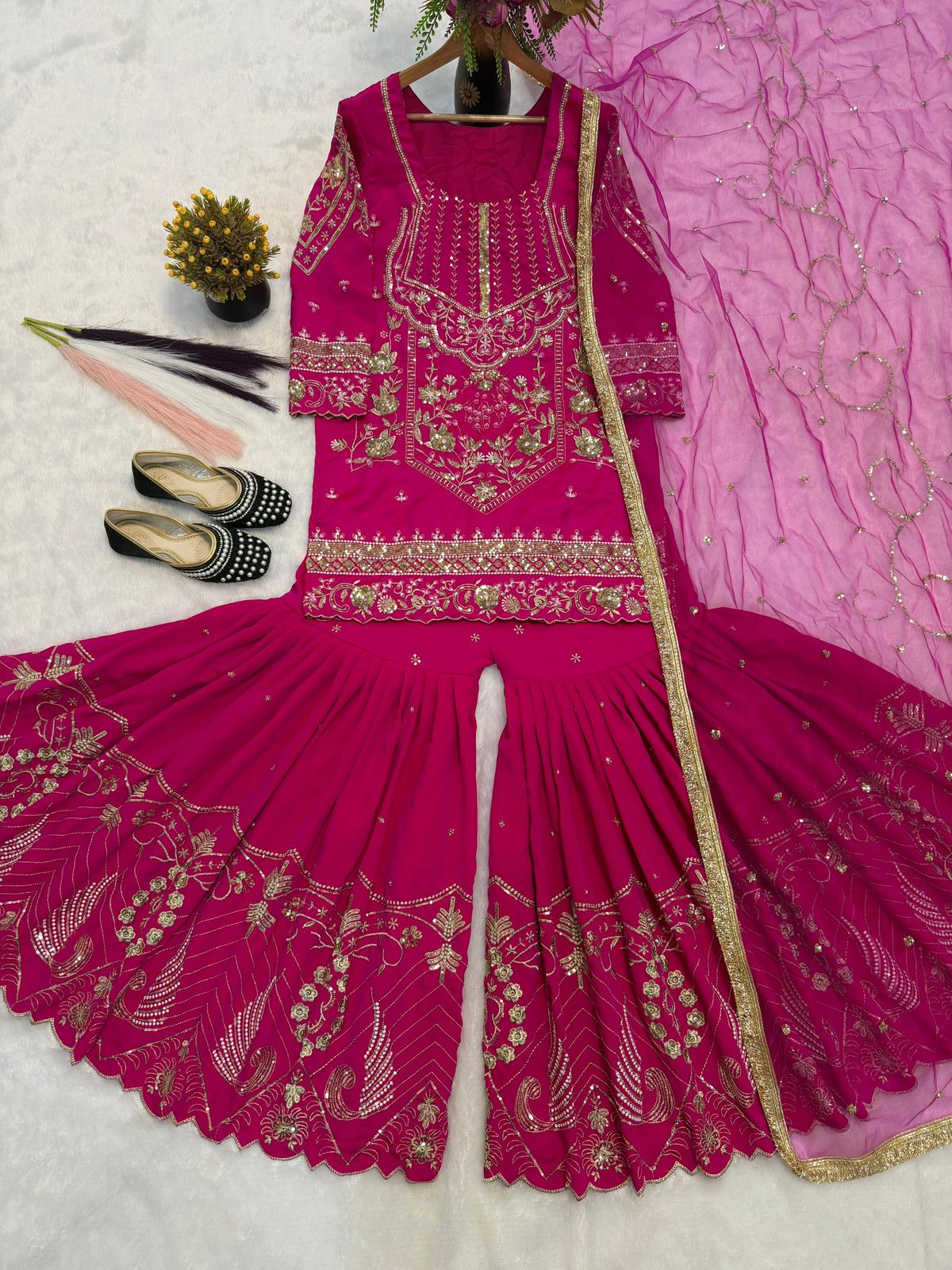 SW196 Magenta pink sindoor silk sharara palazzo flat lay full set view 3 with pink dupatta