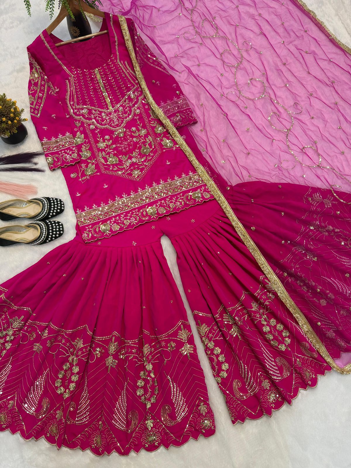 SW196 Magenta pink sindoor silk top close-up embroidery neckline detail
