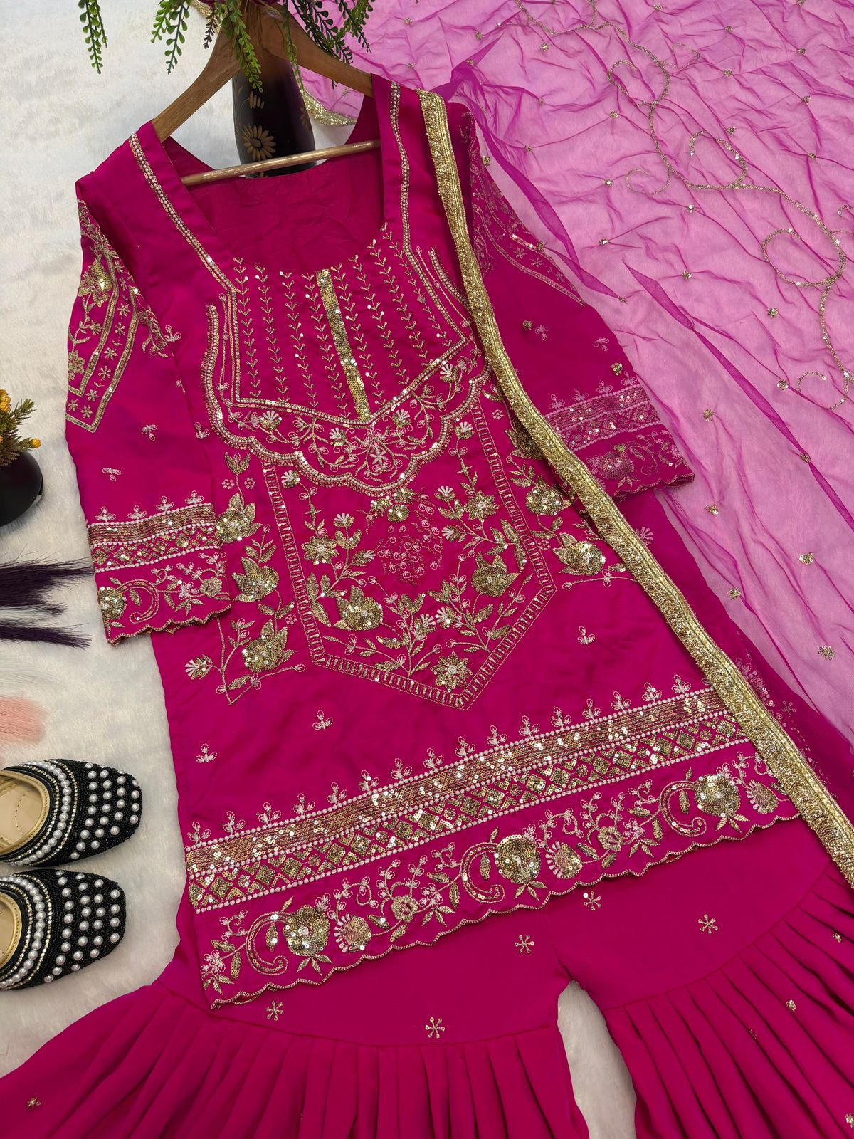 SW196 Magenta pink sindoor silk sharara palazzo flat lay top close-up sequence embroidery