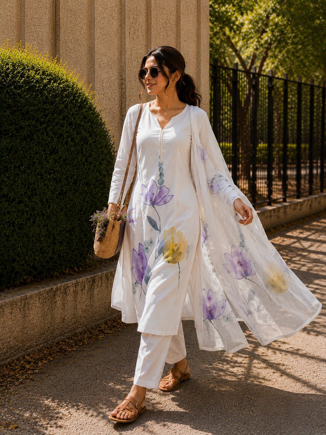 SW197 White mul mul lilan floral print kurta pant dupatta worn view full length outdoor