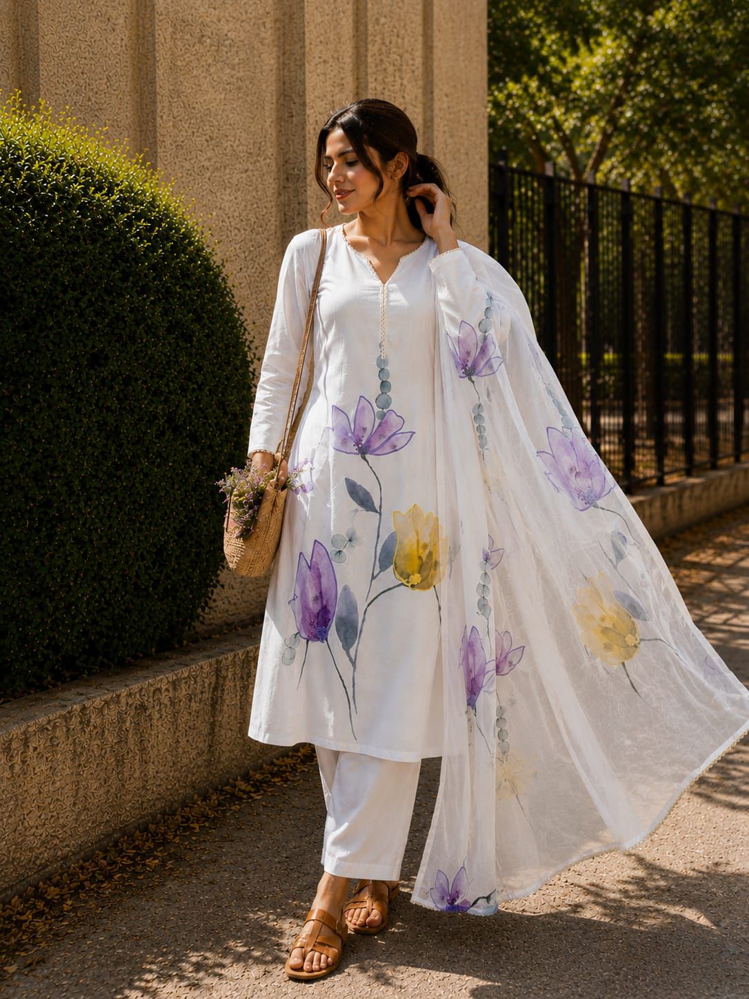 SW197 White mul mul lilan floral print kurta close-up neckline lace detail outdoor