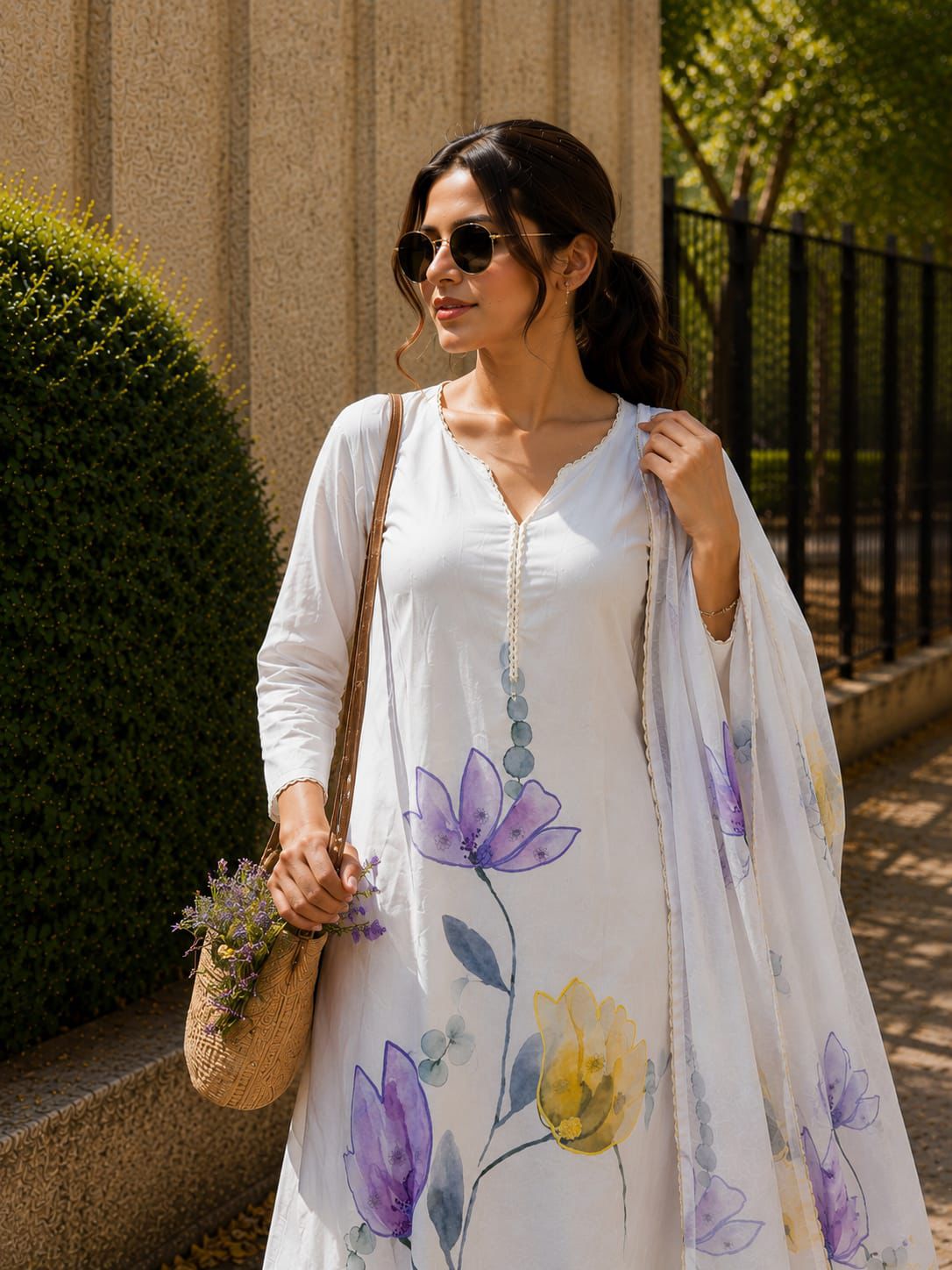SW197 White mul mul lilan floral print kurta pant dupatta flat lay full set
