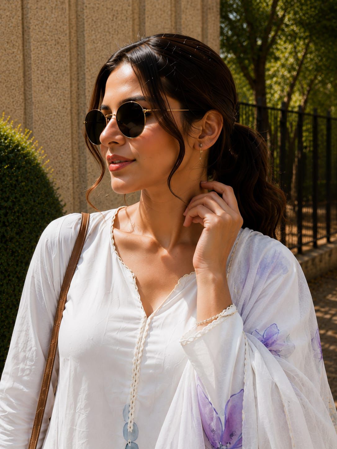 SW197 White mul mul lilan floral print kurta pant dupatta worn view outdoor smiling