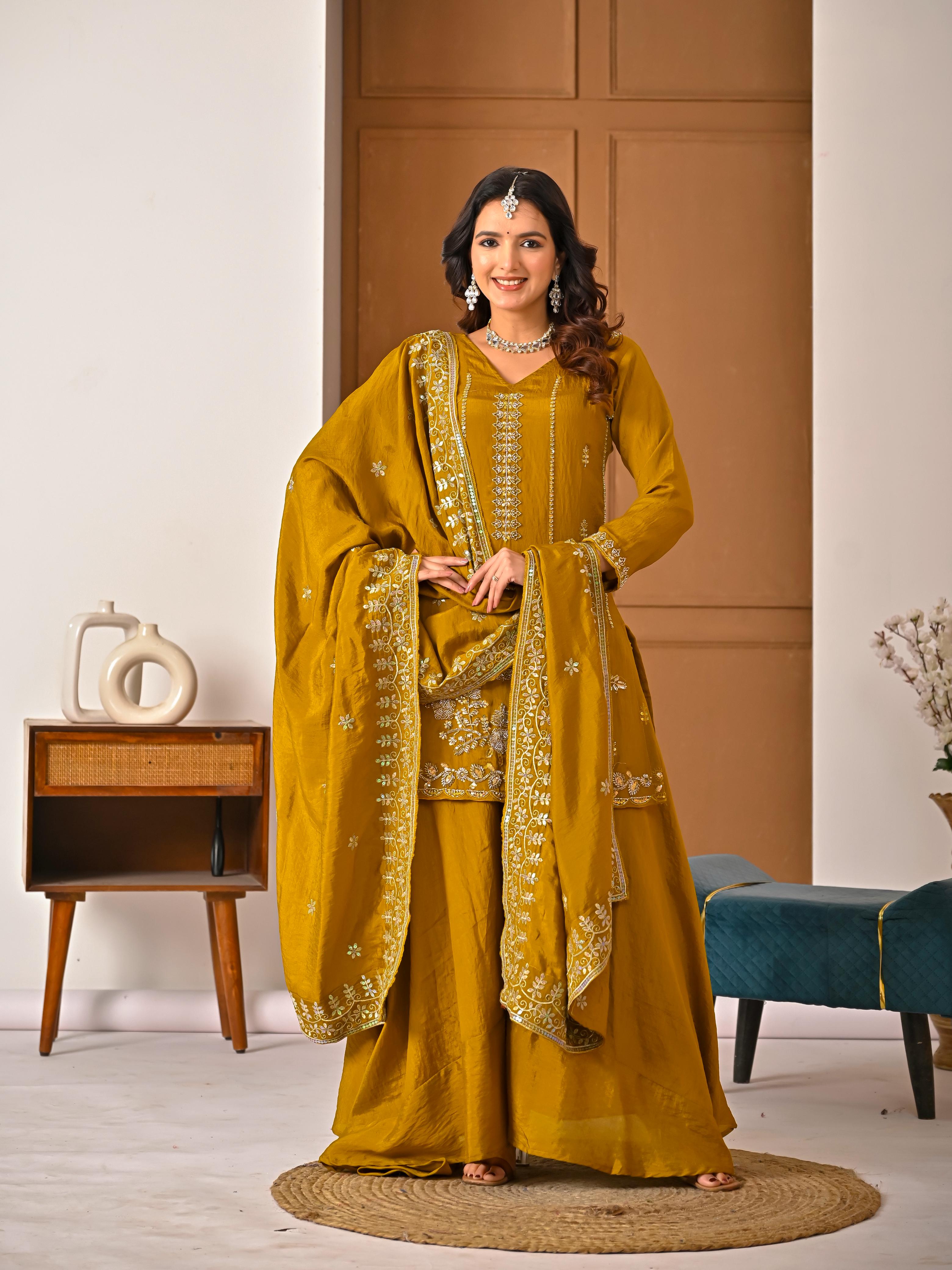 SW198 Mustard yellow NC vichitra sharara palazzo flat lay full set with dupatta