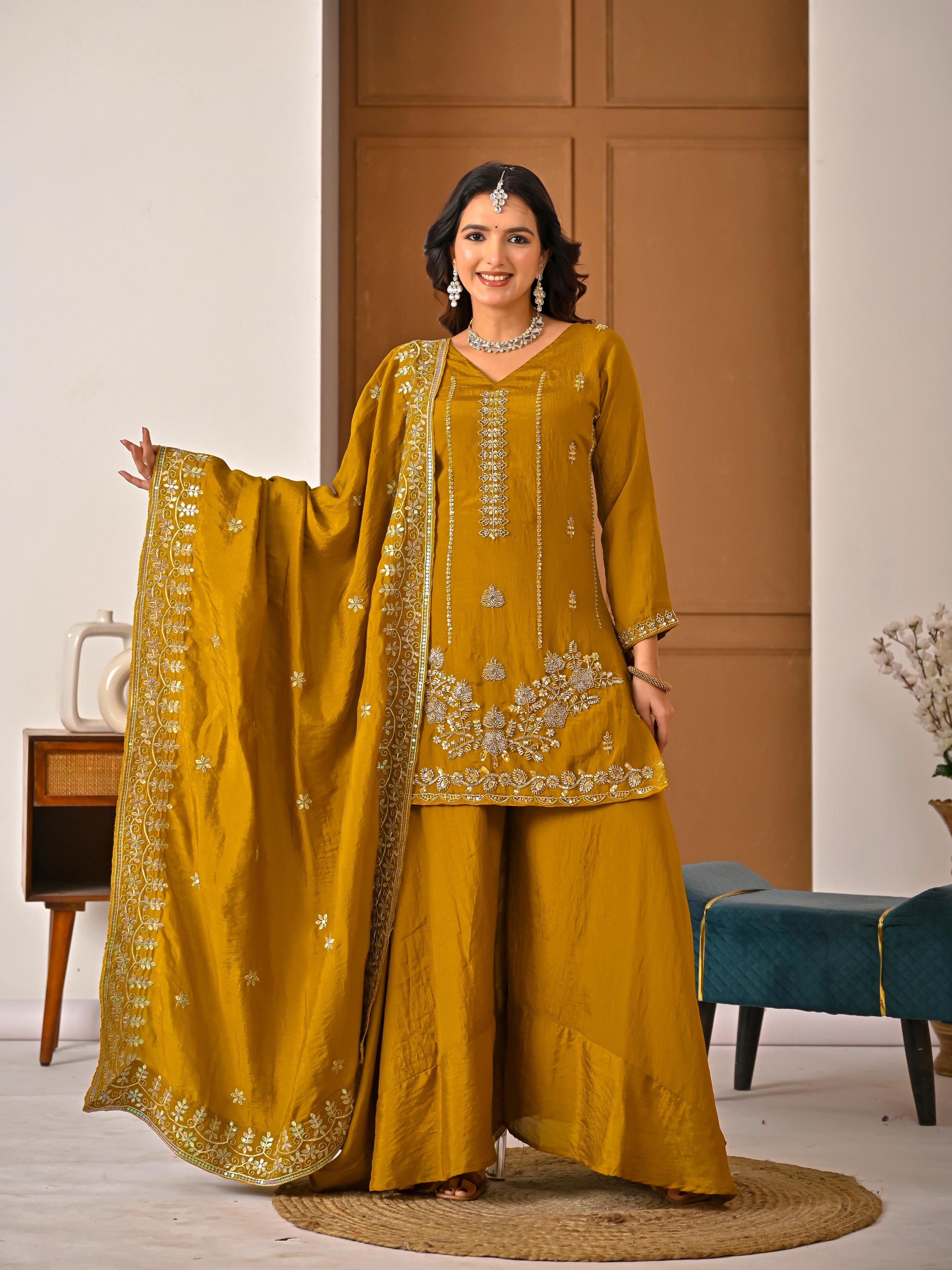 SW198 Mustard yellow NC vichitra hand work sharara palazzo worn view front studio