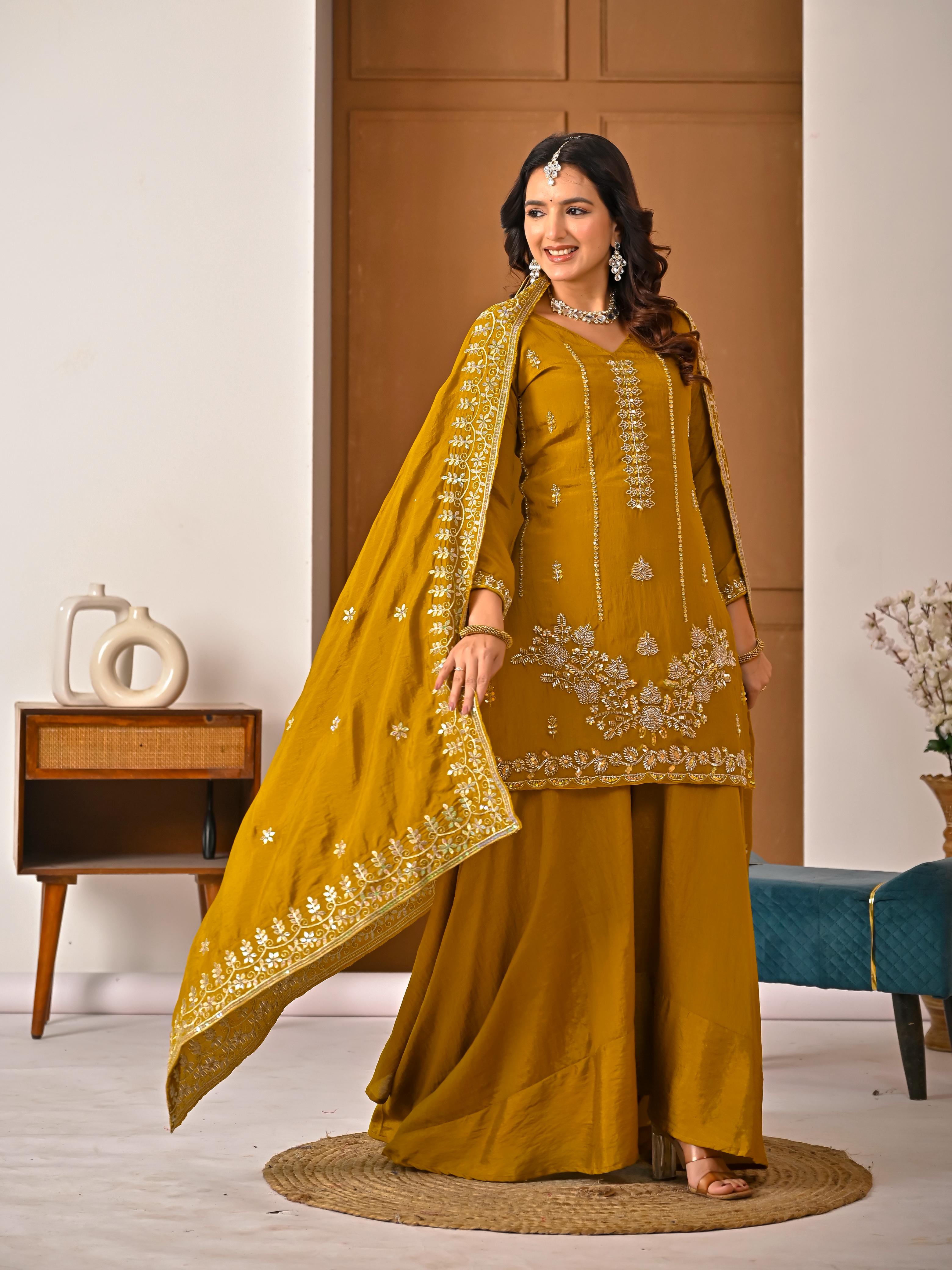 SW198 Mustard yellow NC vichitra sharara palazzo worn view back studio with dupatta