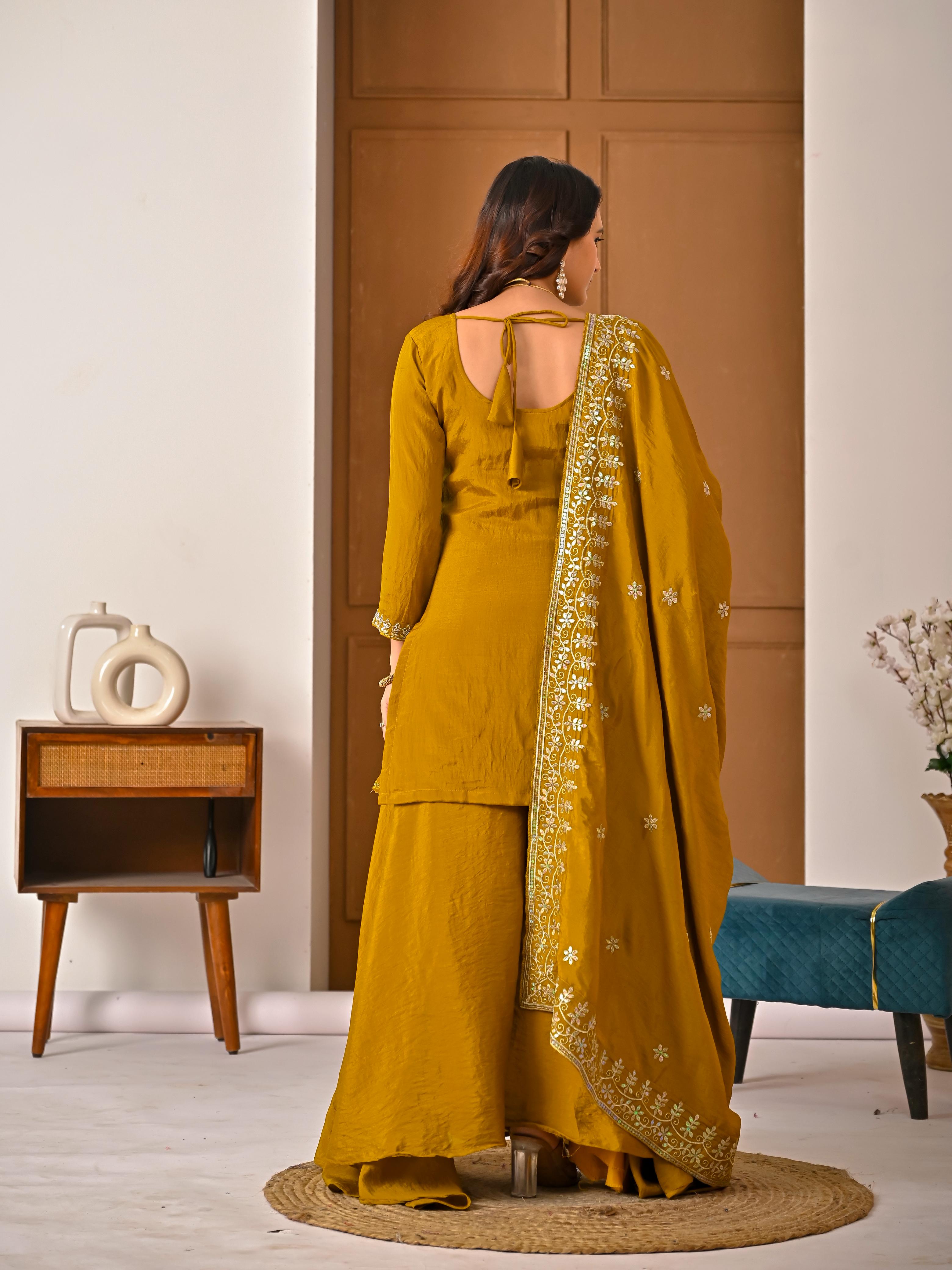 SW198 Mustard yellow NC vichitra top flat lay front view close-up neckline detail