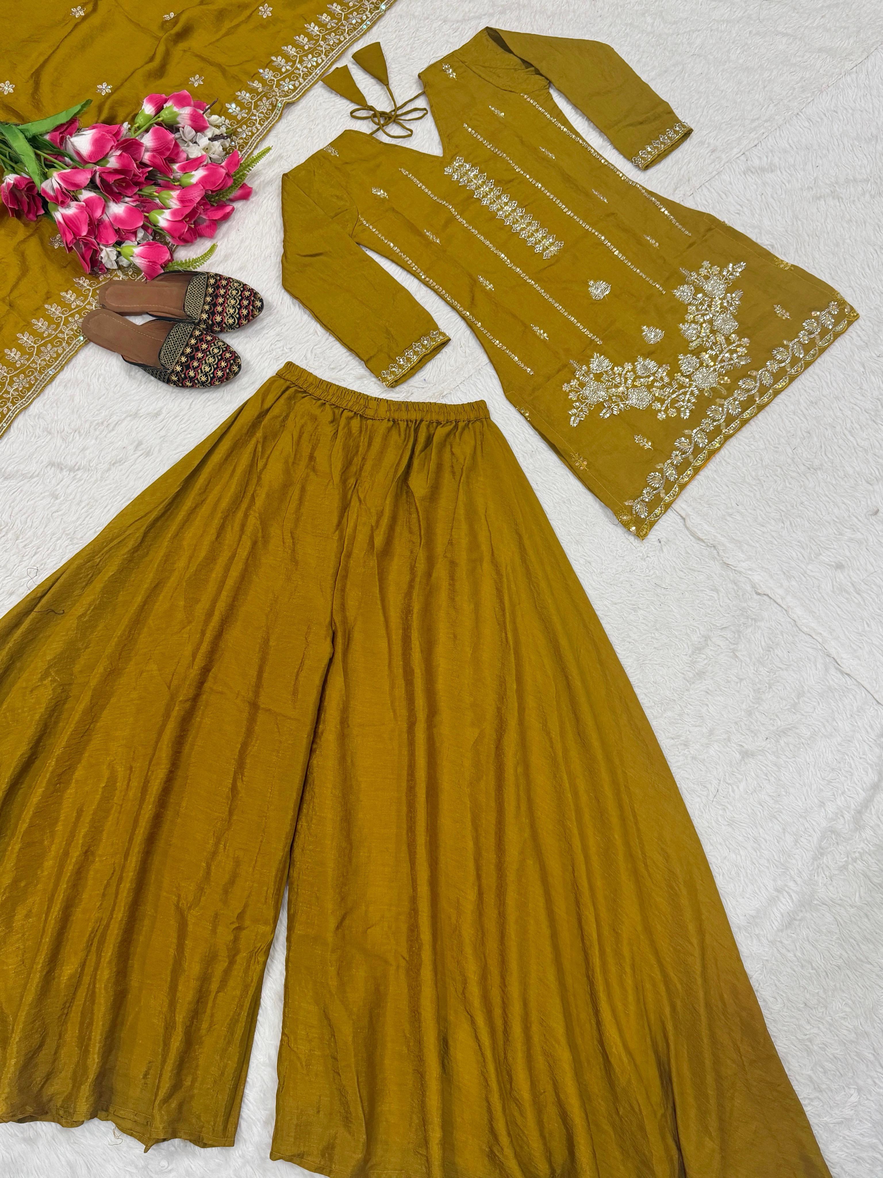 SW198 Mustard yellow NC vichitra sharara palazzo flat lay full set view 2 with dupatta
