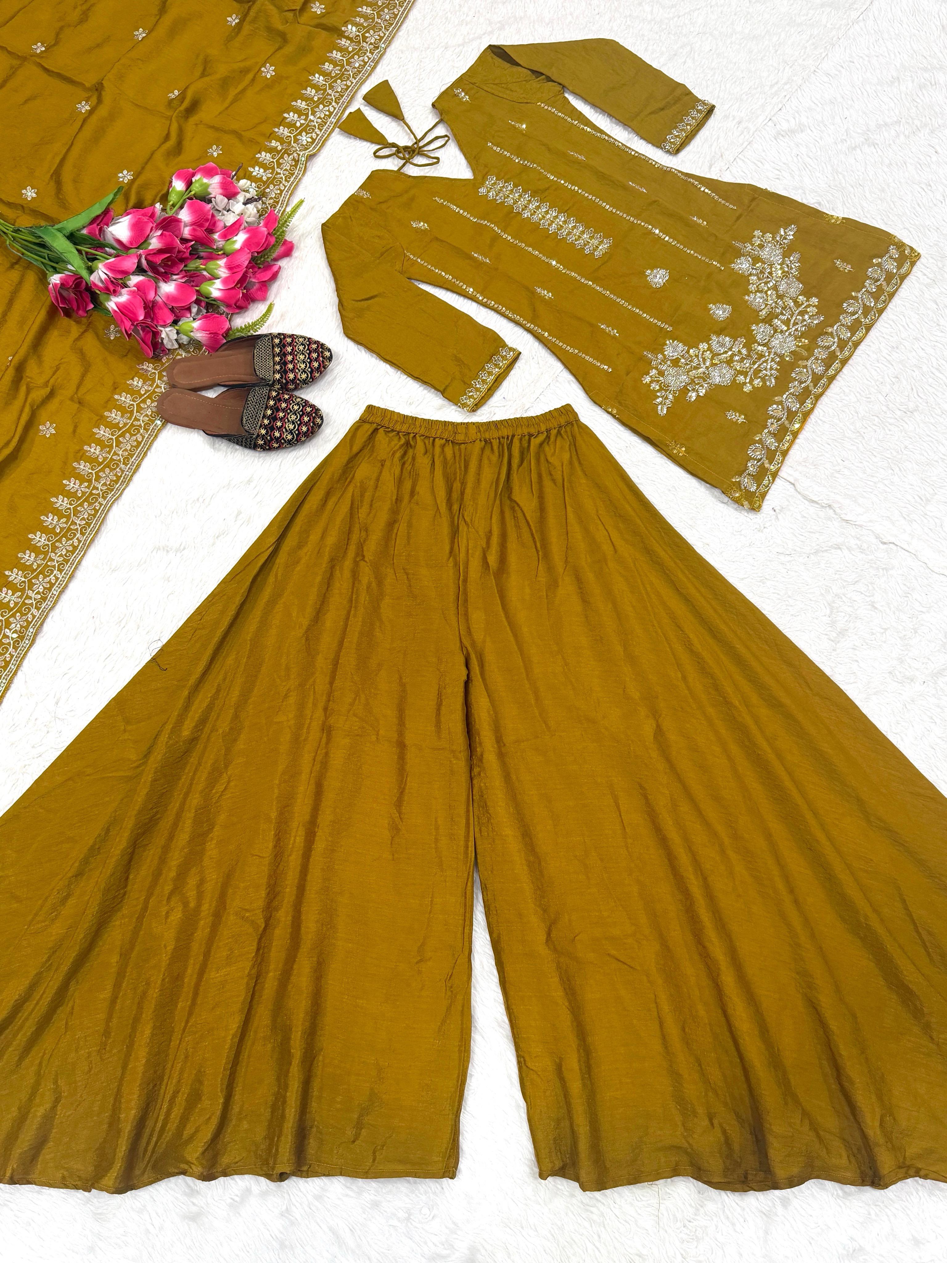 SW198 Mustard yellow NC vichitra sharara palazzo flat lay full set view 3 with dupatta