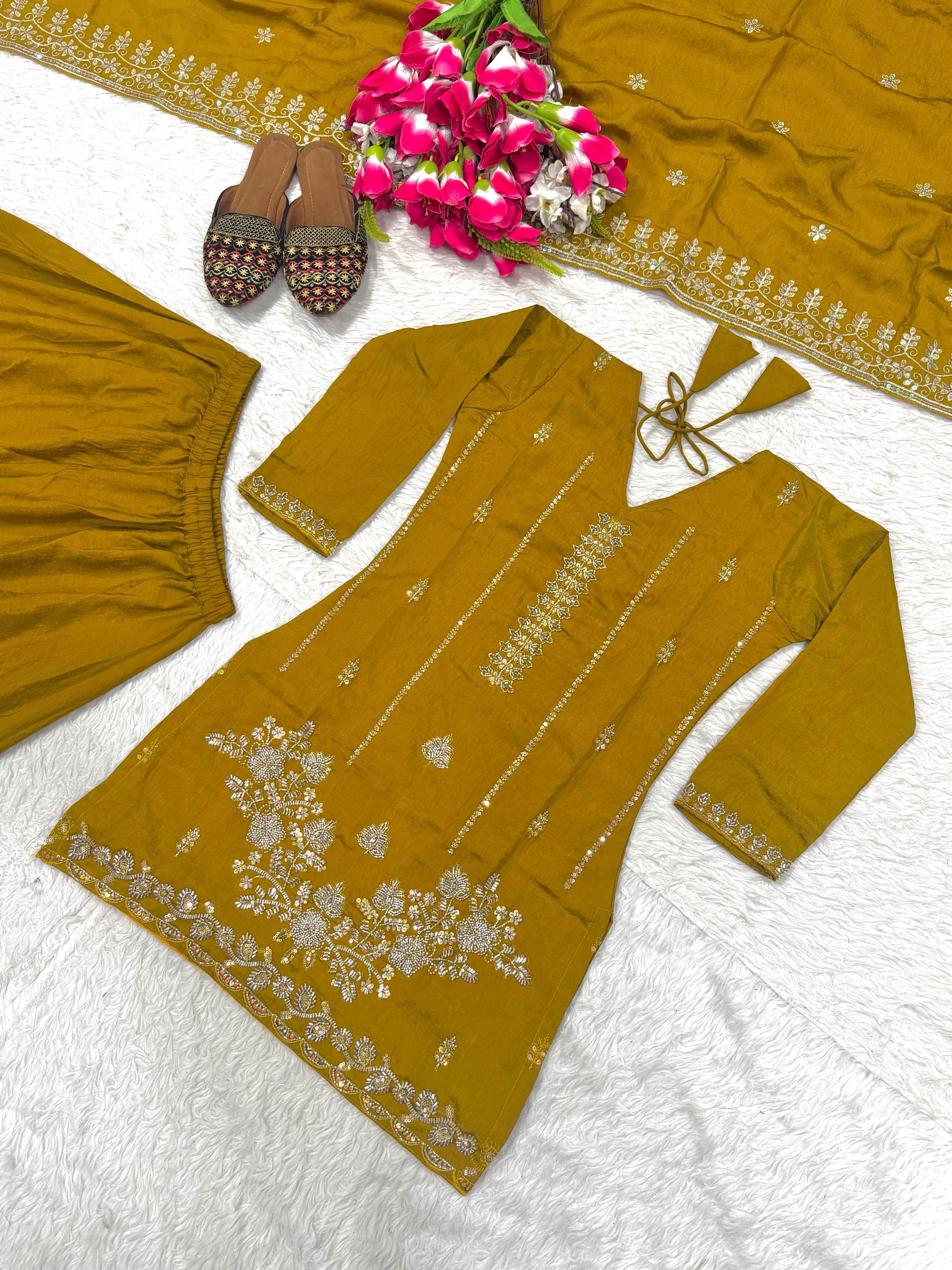 SW198 Mustard yellow NC vichitra top flat lay front view full length hand work detail