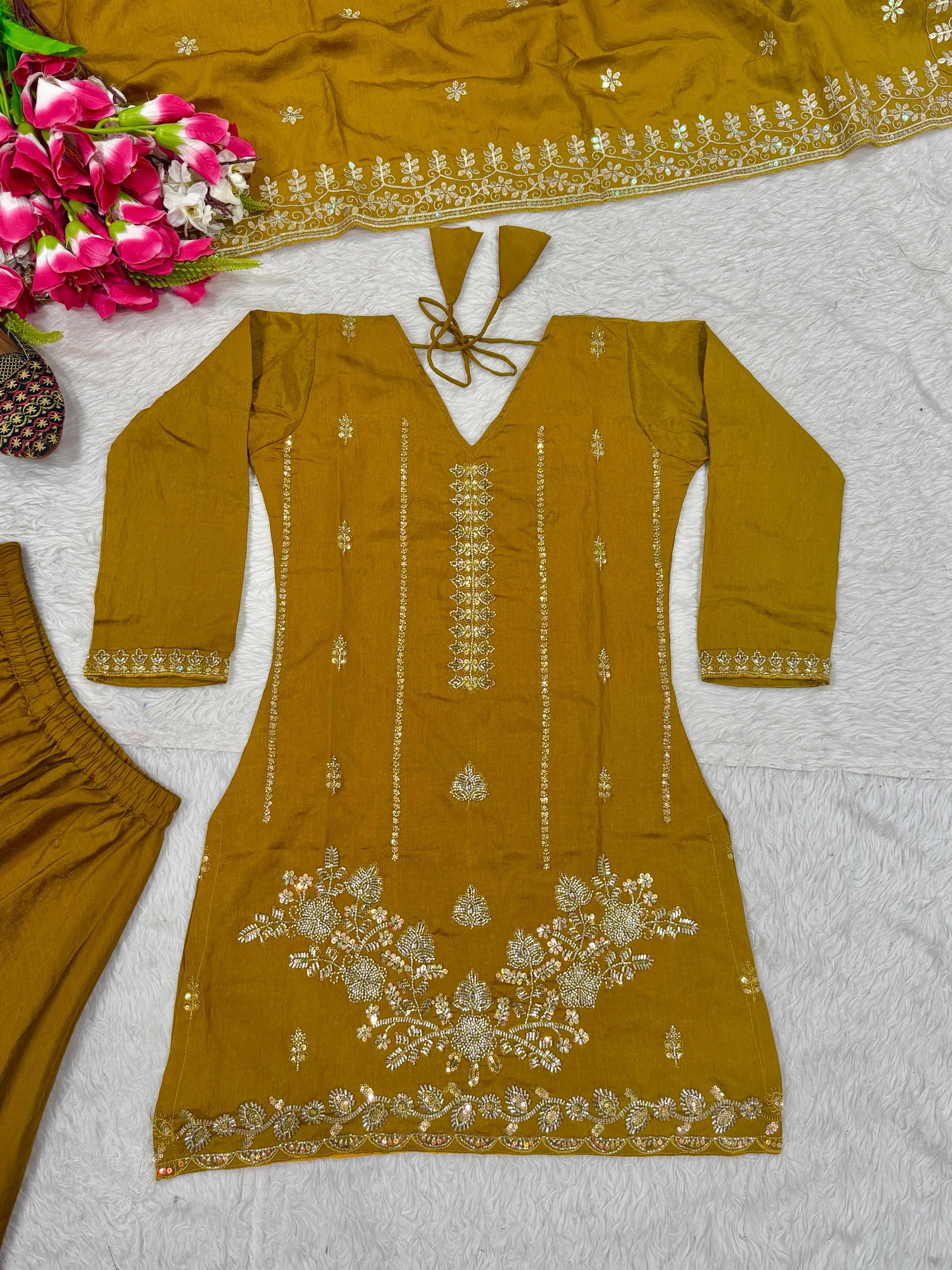 SW198 Mustard yellow NC vichitra top flat lay front view with palazzo and dupatta