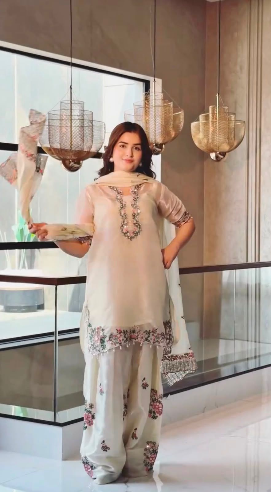 SW199 White fendi silk floral embroidery farshi palazzo flat lay full set with dupatta