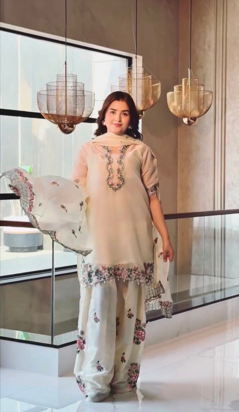 SW199 White fendi silk floral embroidery farshi palazzo worn view full length store