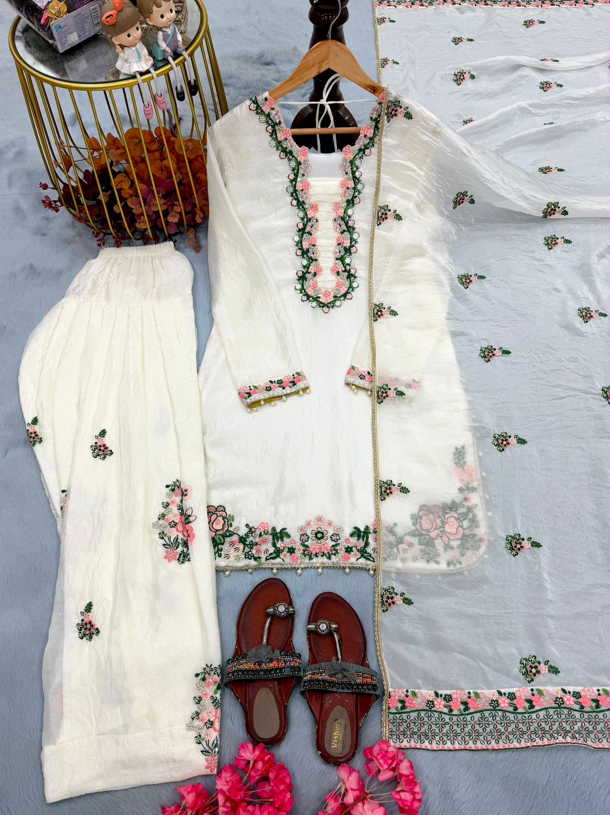 SW199 White fendi silk floral embroidery farshi palazzo worn view indoor with dupatta