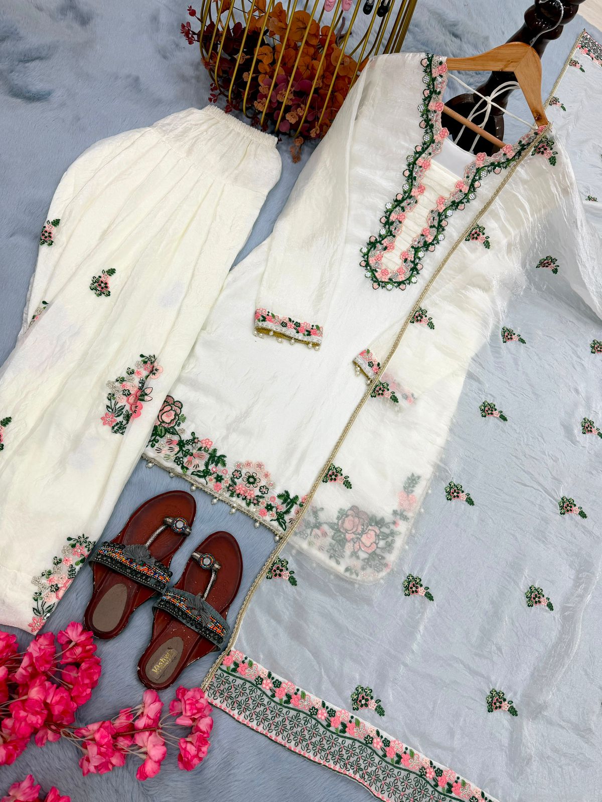 SW199 White fendi silk floral embroidery farshi palazzo flat lay full set view 2