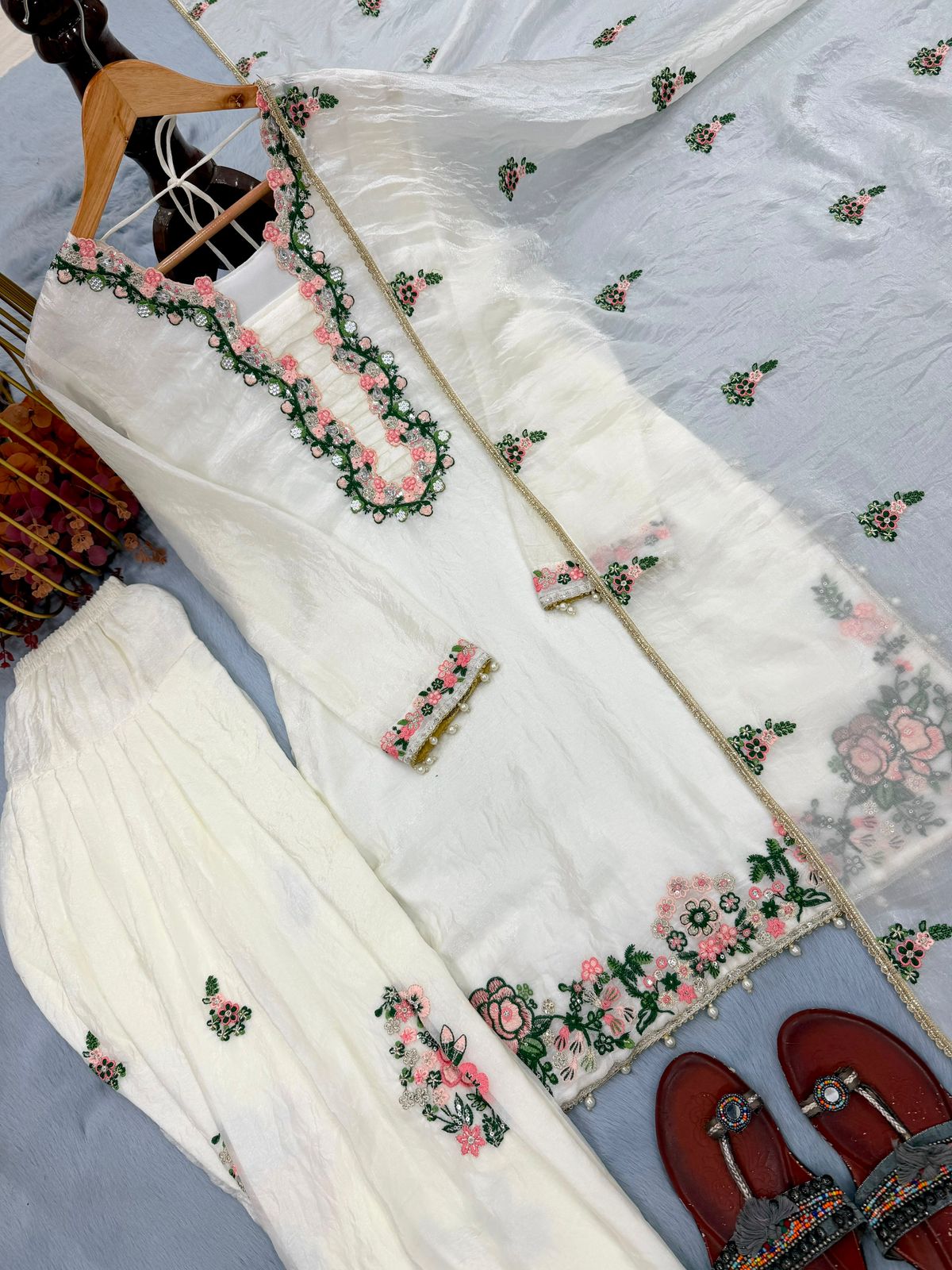SW199 White fendi silk floral embroidery top flat lay full length with palazzo and dupatta