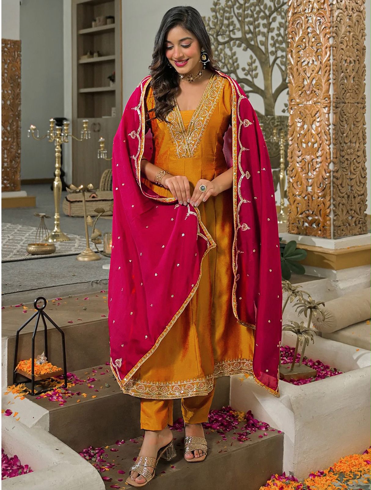 SW200 Mustard yellow vichitra silk anarkali kurta worn view front close-up neckline embroidery