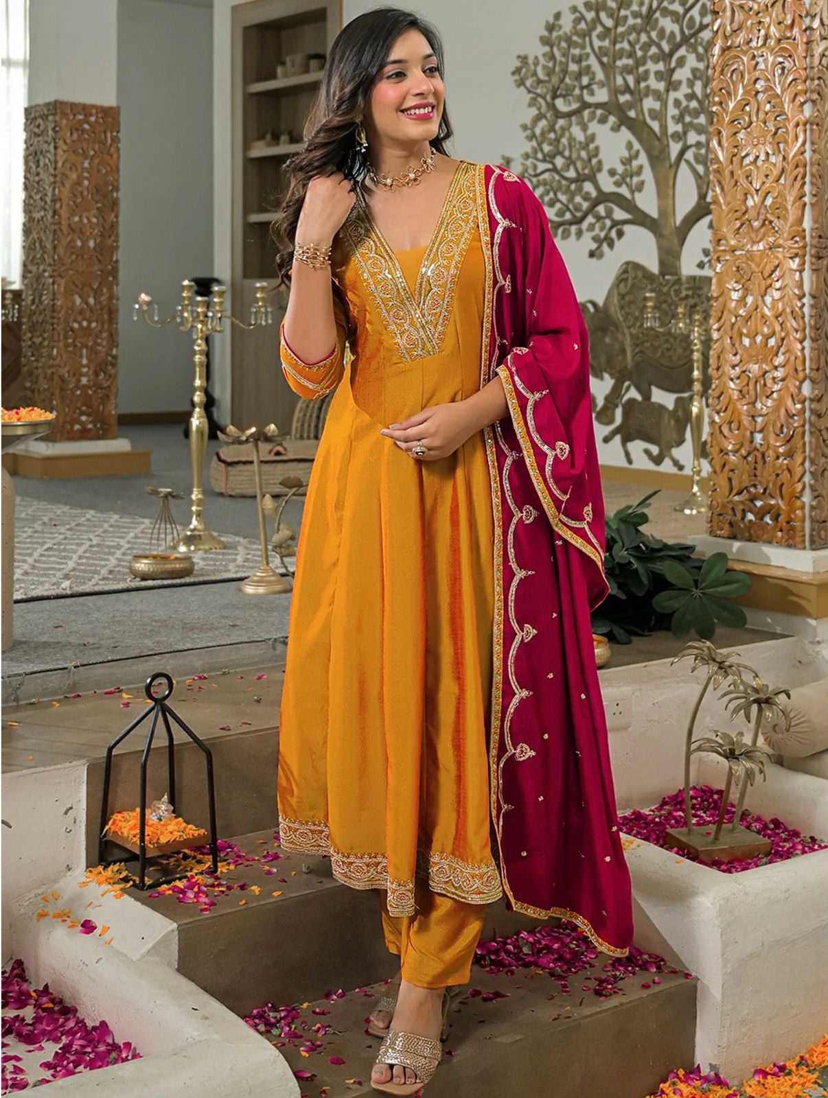 SW200 Mustard yellow vichitra silk anarkali kurta pant set worn view back full length
