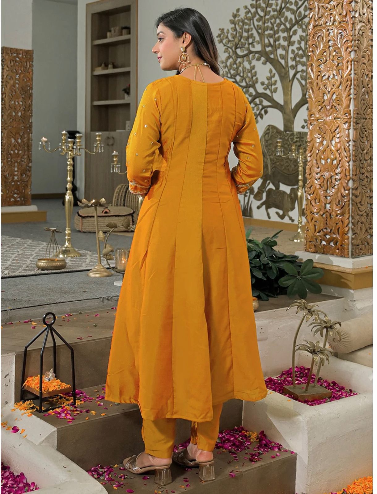 SW200 Mustard yellow vichitra silk anarkali kurta pant set flat lay full set with magenta dupatta