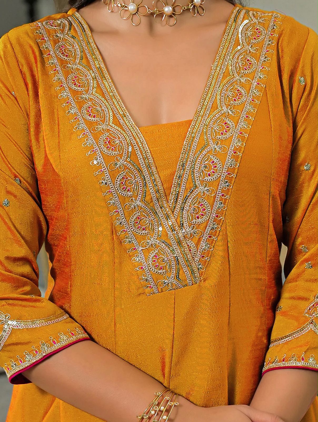 SW200 Mustard yellow vichitra silk anarkali kurta flat lay with magenta dupatta close-up neckline
