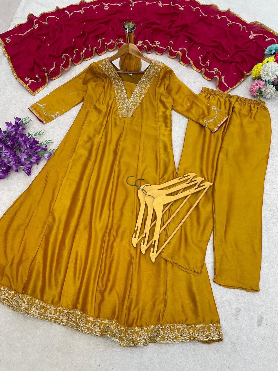 SW200 Mustard yellow vichitra silk anarkali kurta close-up V-neckline gold embroidery detail