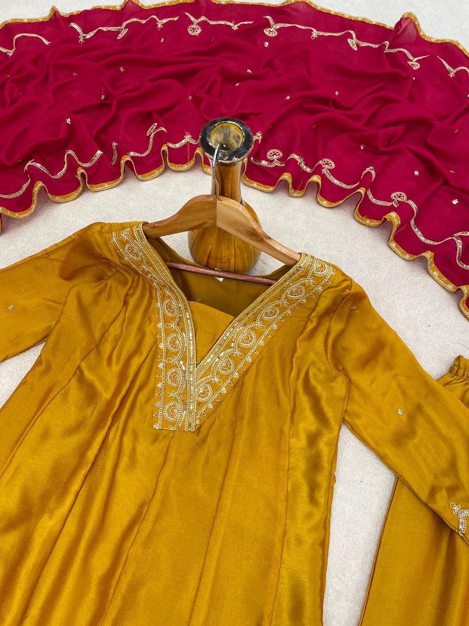 SW200 Mustard yellow vichitra silk anarkali kurta pant set flat lay full set view 2 with magenta dupatta