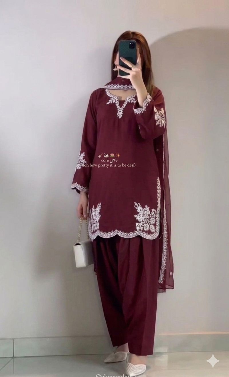 SW201 Purple and maroon roman cotton embroidery farshi salwar suit worn view both colours side by side