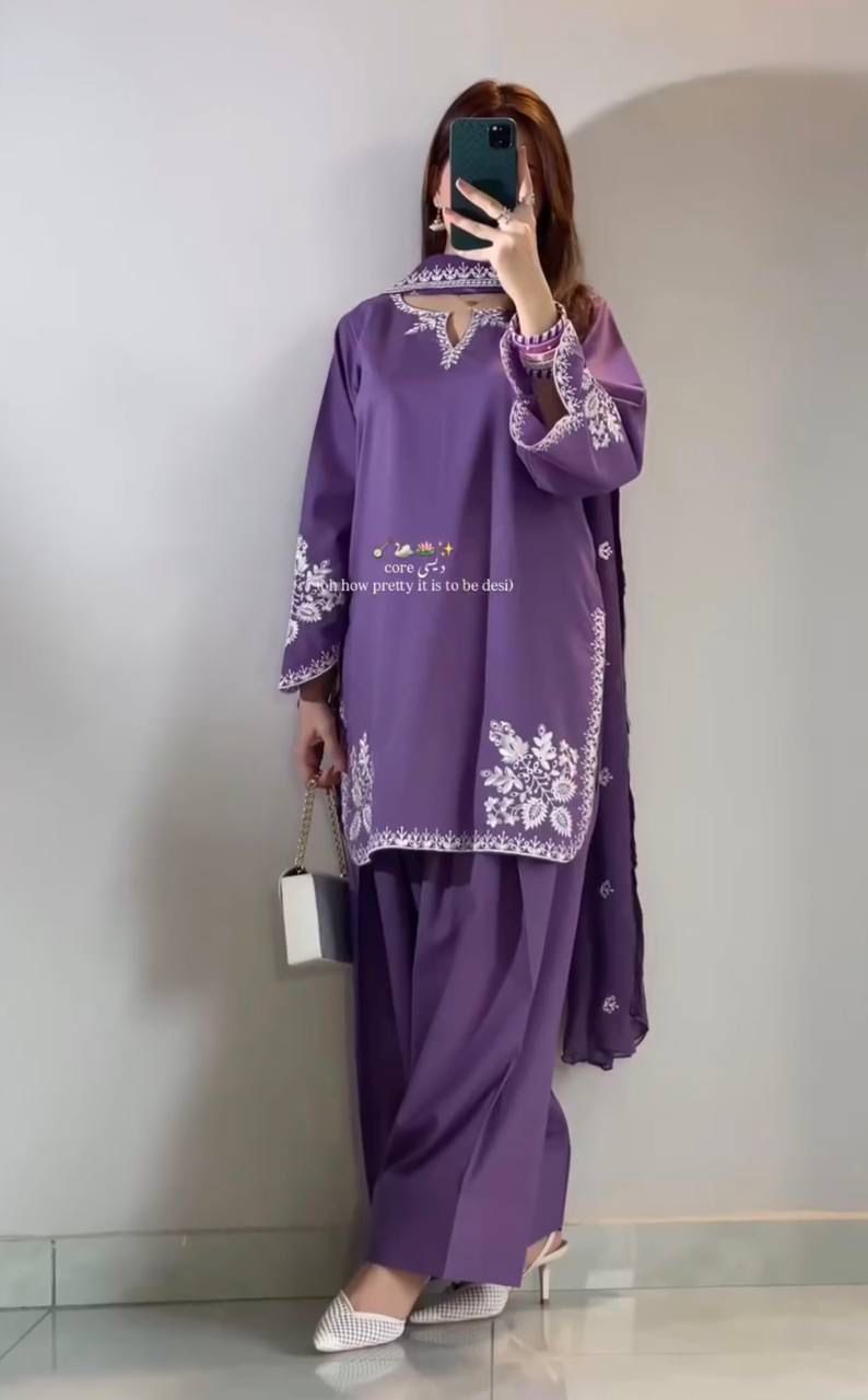 SW201 Purple roman cotton embroidery farshi salwar suit worn view mirror selfie full length