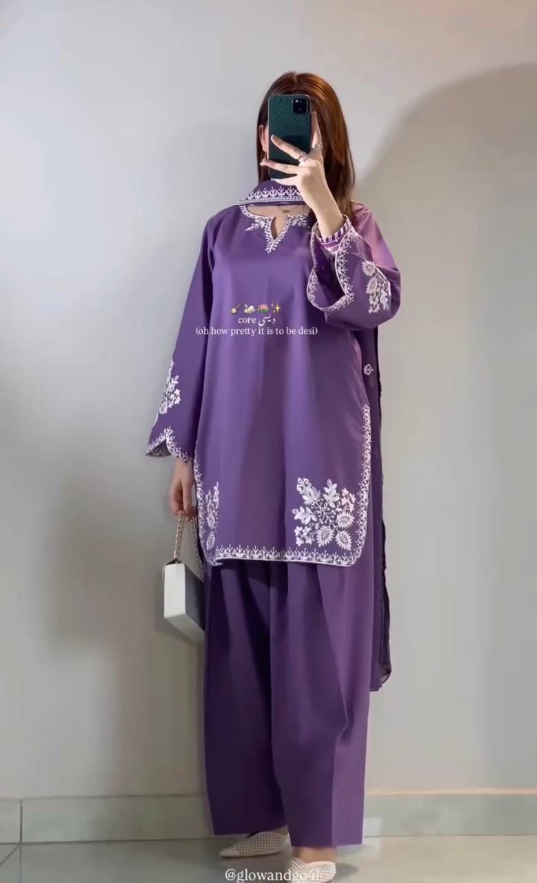 SW201 Maroon roman cotton embroidery top farshi salwar dupatta flat lay full set