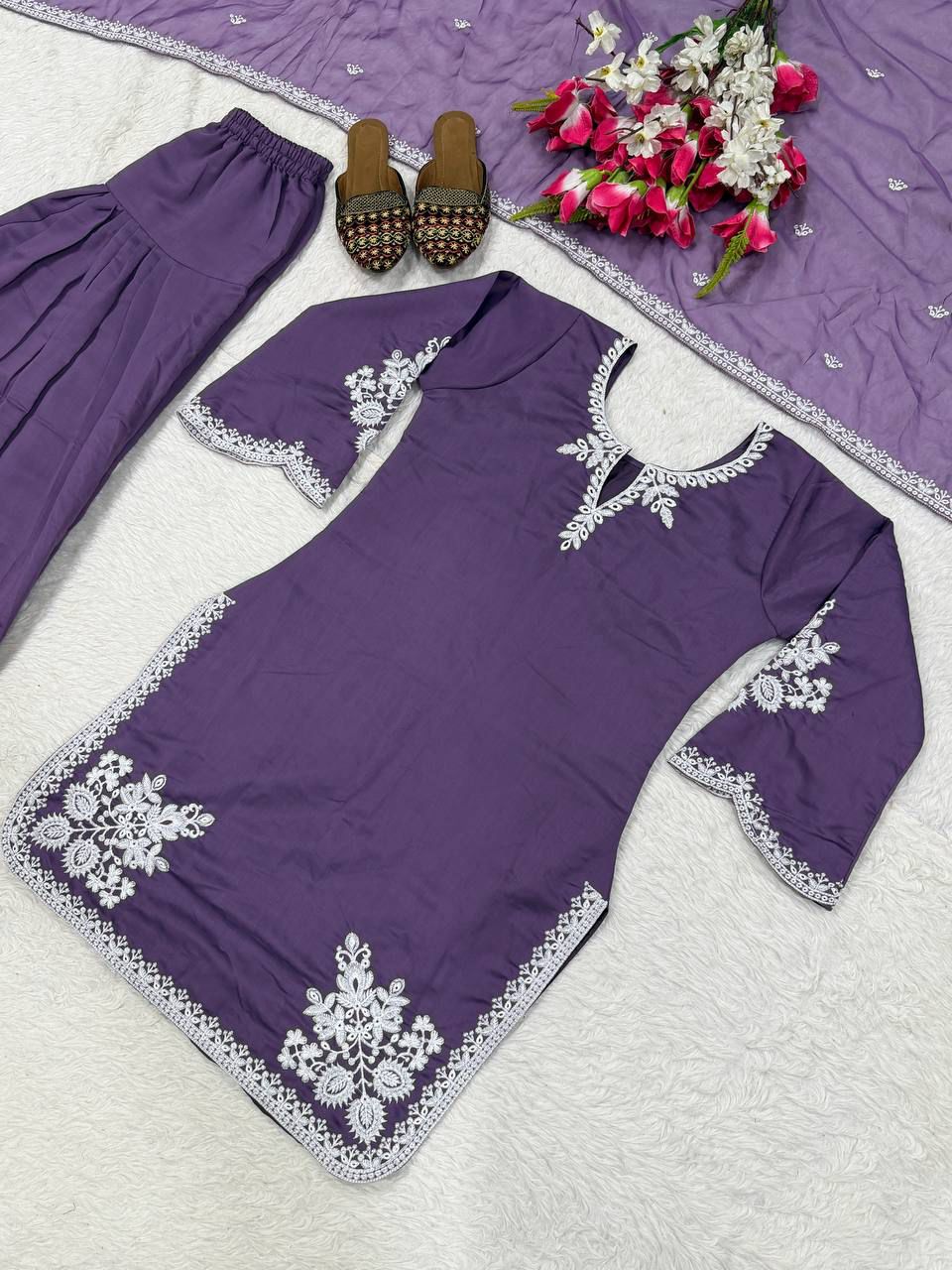 SW201 Purple roman cotton embroidery top farshi salwar dupatta flat lay full set