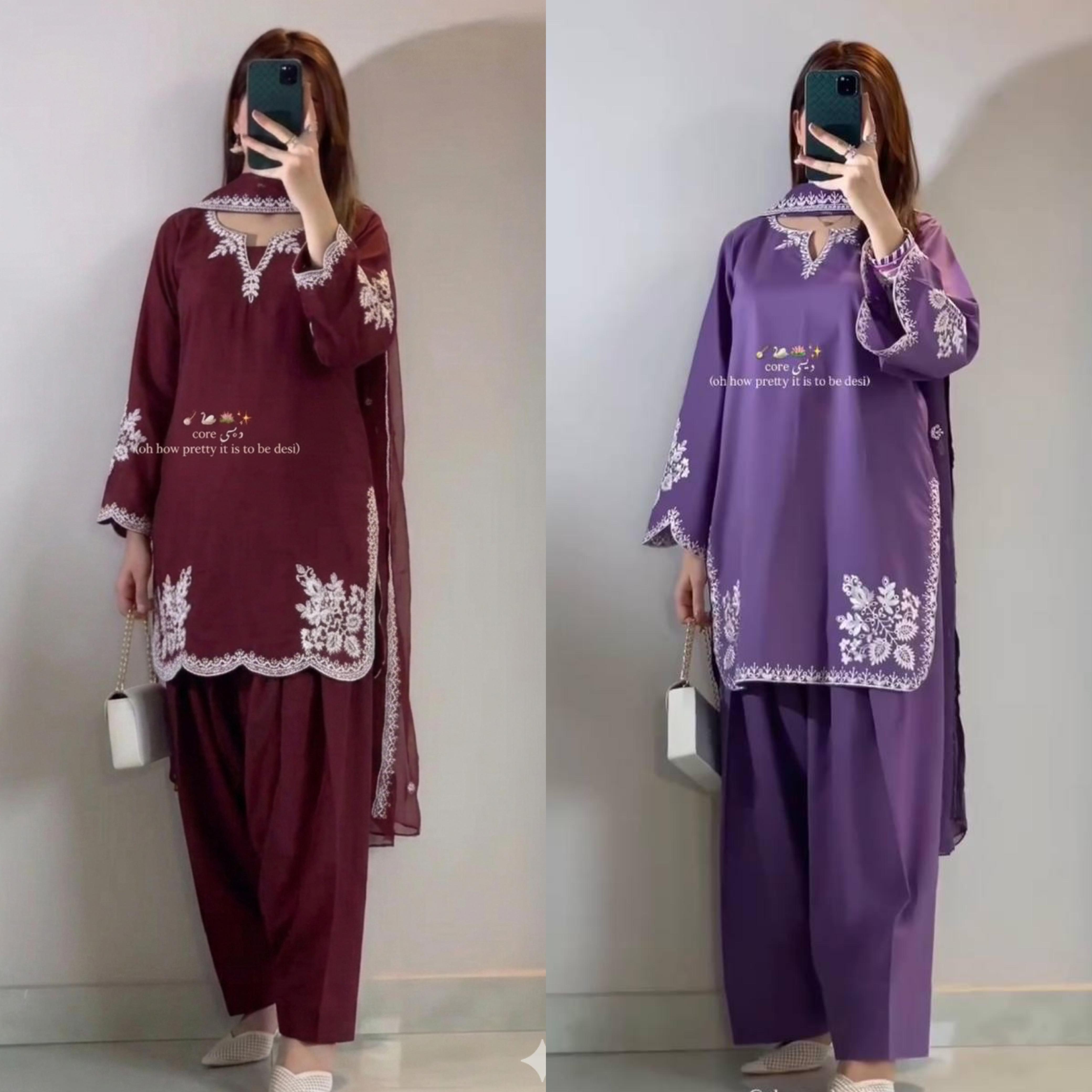 SW201 Maroon roman cotton embroidery farshi salwar suit worn view mirror selfie full length