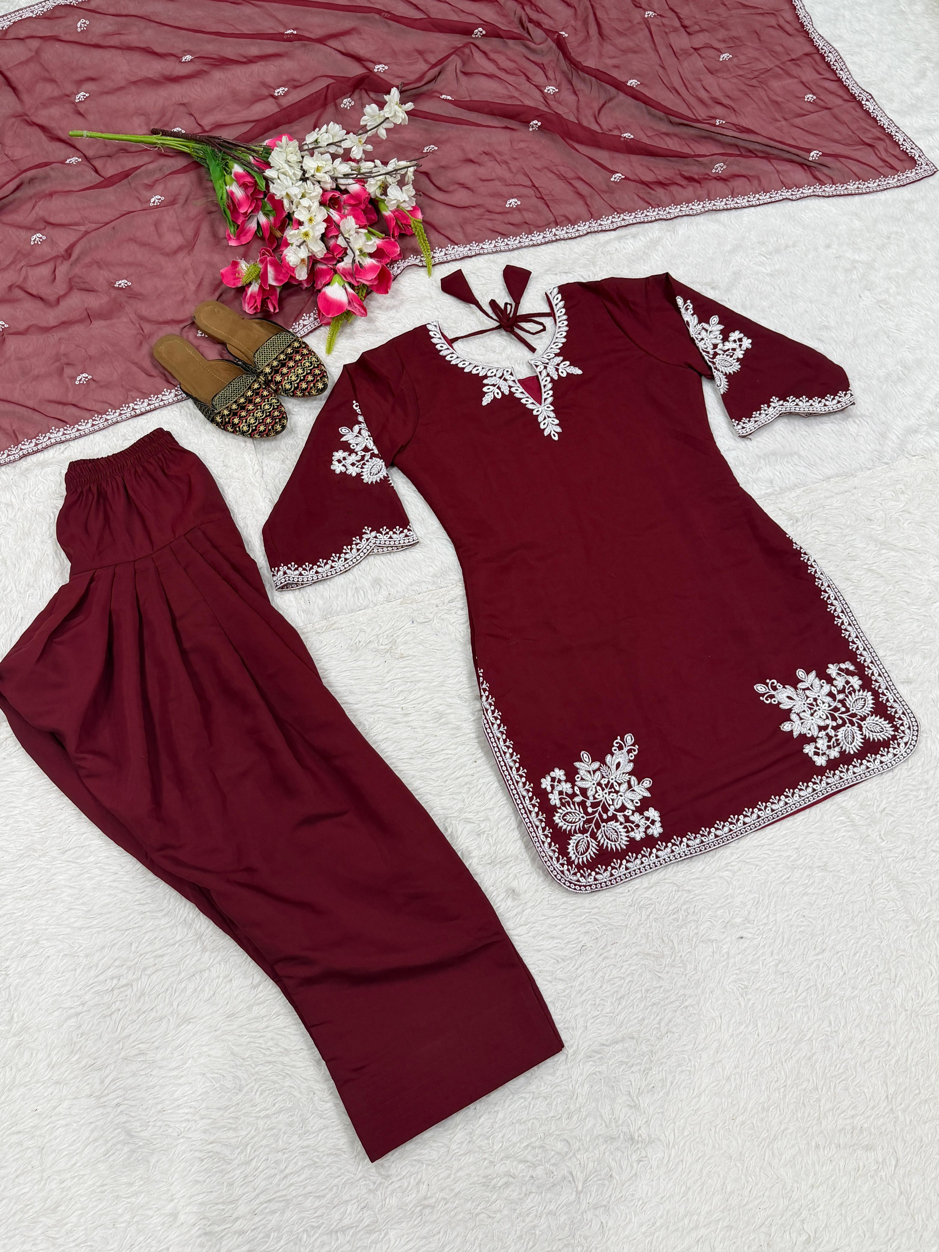 SW201 Purple roman cotton embroidery top farshi salwar dupatta flat lay full set view 2