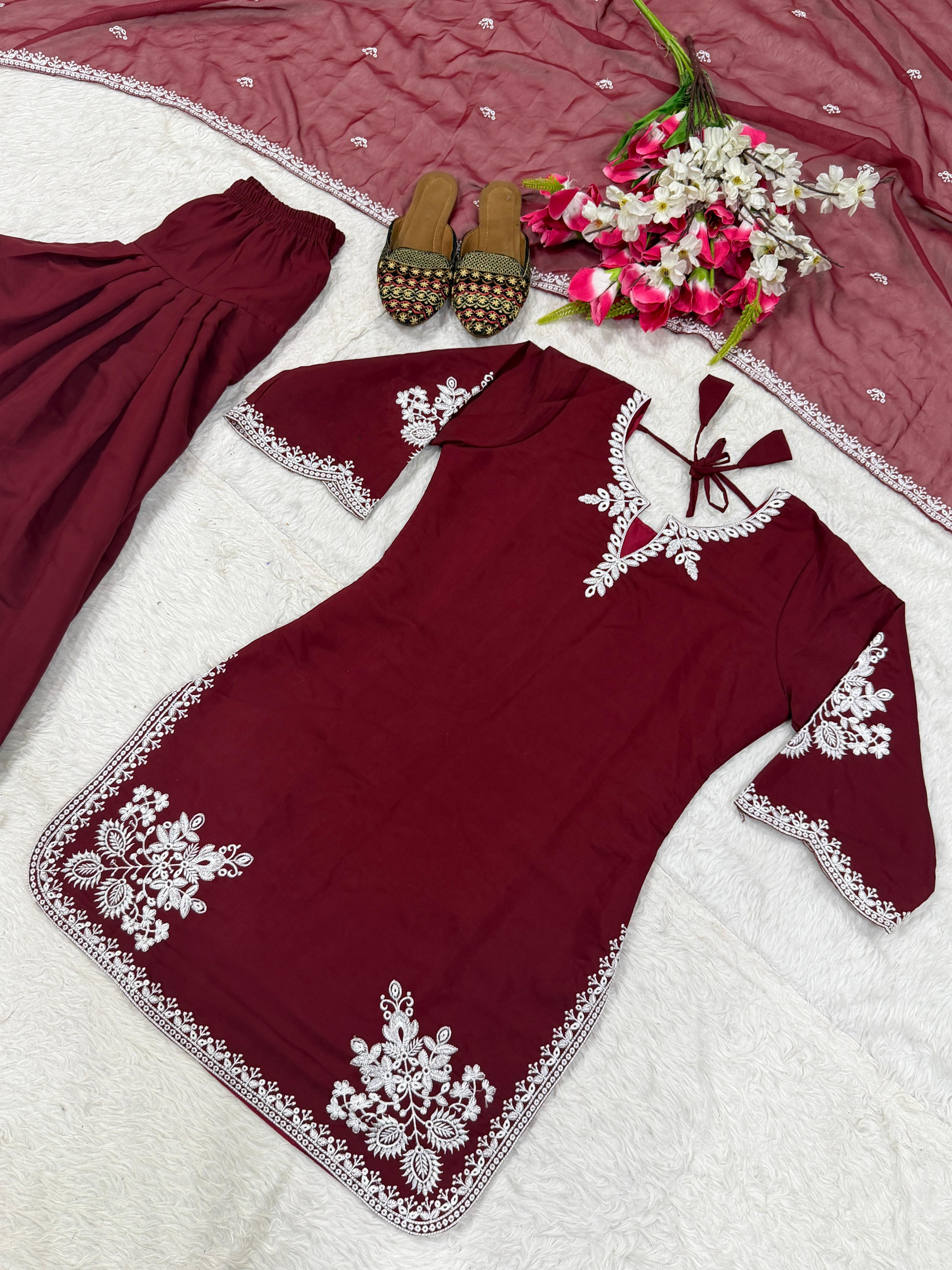 SW201 Maroon roman cotton embroidery top flat lay close-up neckline and sleeve detail