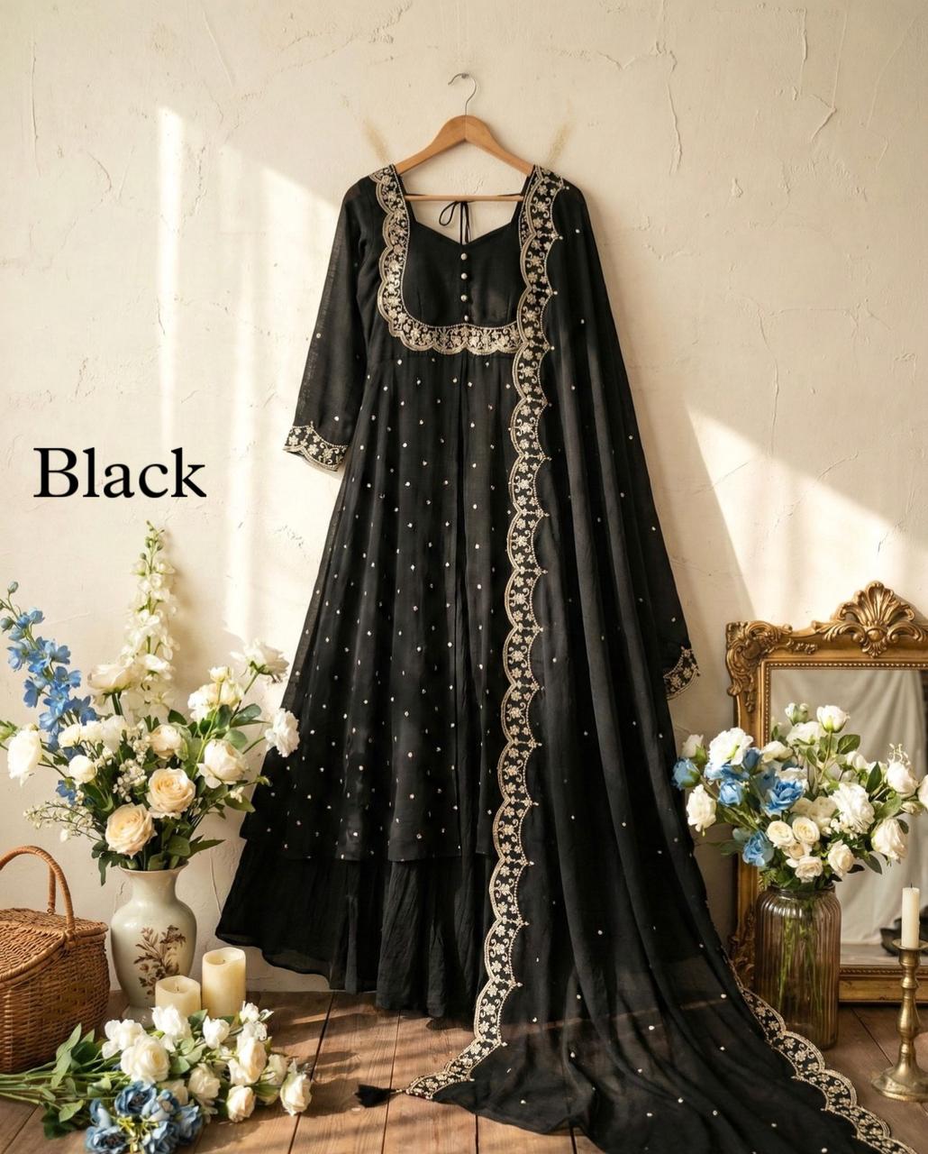 SW202 Mehendi green vichitra silk gold threadwork sequin embroidery cape skirt set with dupatta hanger view