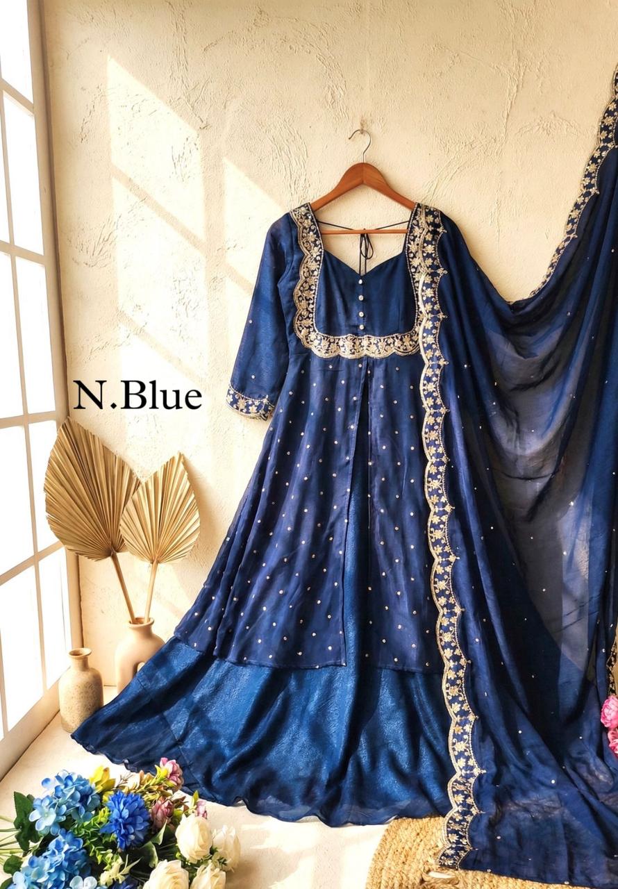 SW202 Rani pink vichitra silk gold threadwork sequin embroidery cape skirt set with dupatta hanger view
