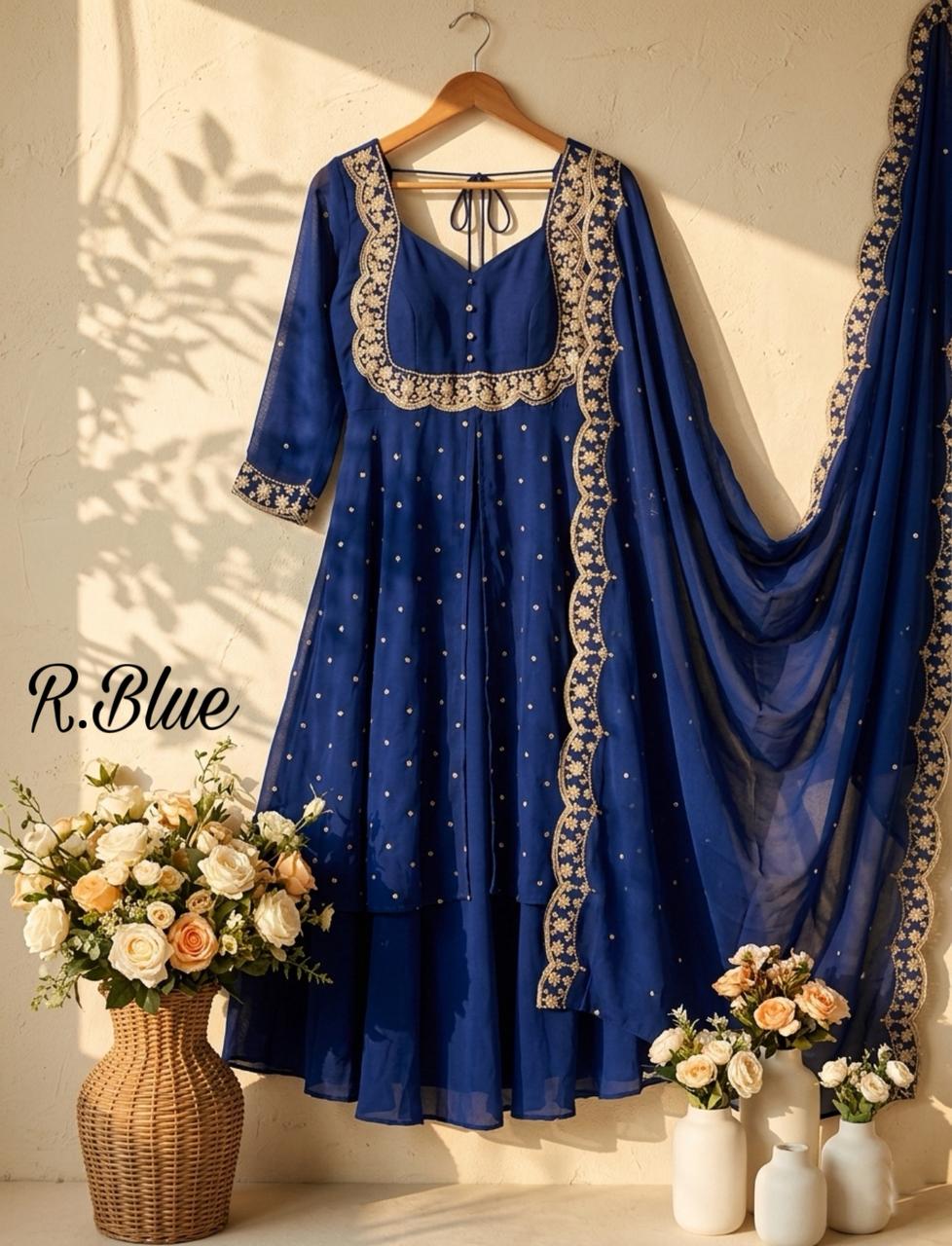 SW202 Vichitra silk cape skirt set close-up neckline gold threadwork sequin embroidery detail