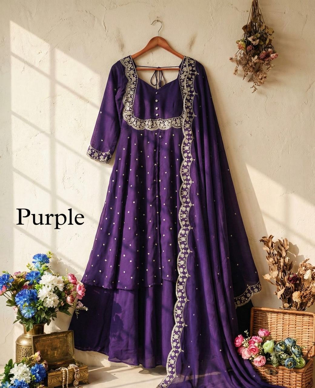 SW202 Vichitra silk cape skirt set flat lay full set view 2