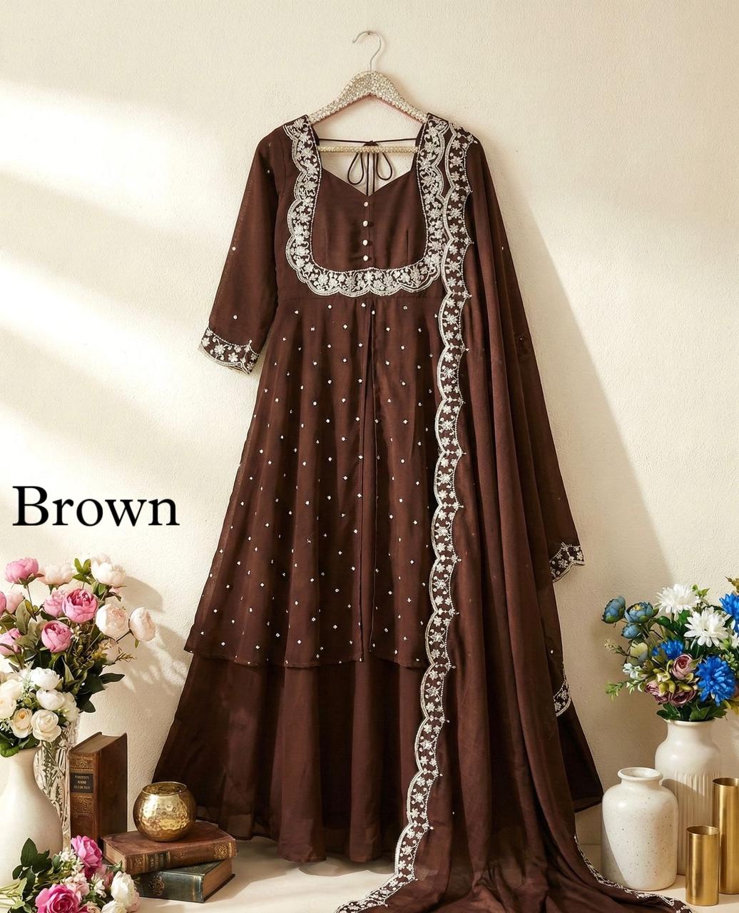 SW202 Vichitra silk cape skirt set flat lay full set view