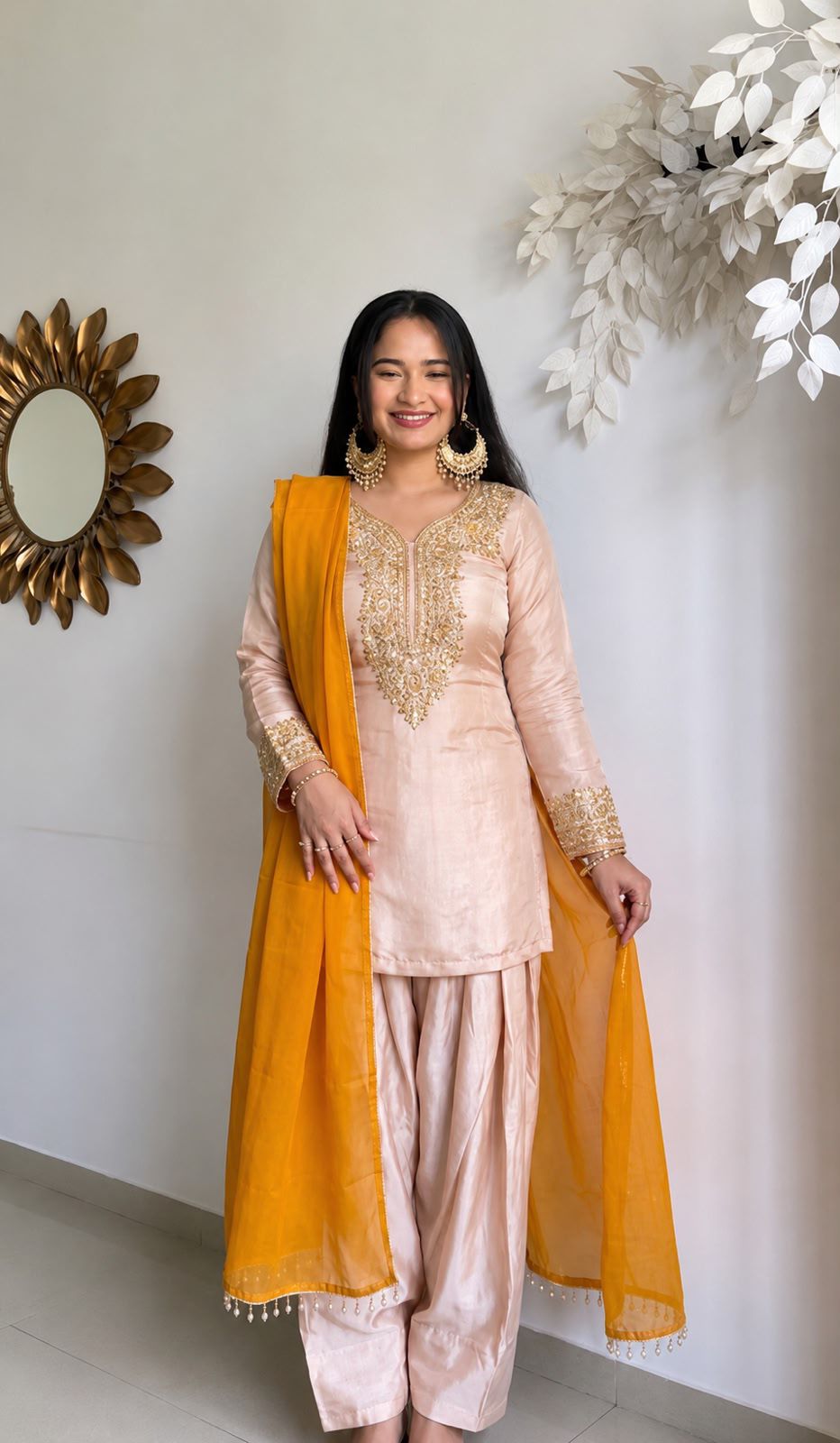 Peach embroidered salwar suit set with mustard dupatta - front view