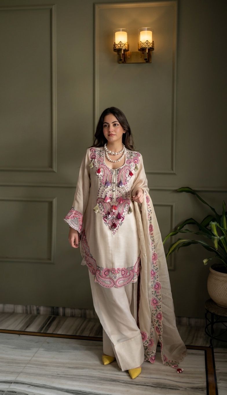 Cream embroidered georgette suit set - model front view