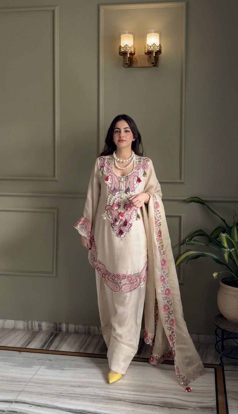Model in cream paisley suit set smiling