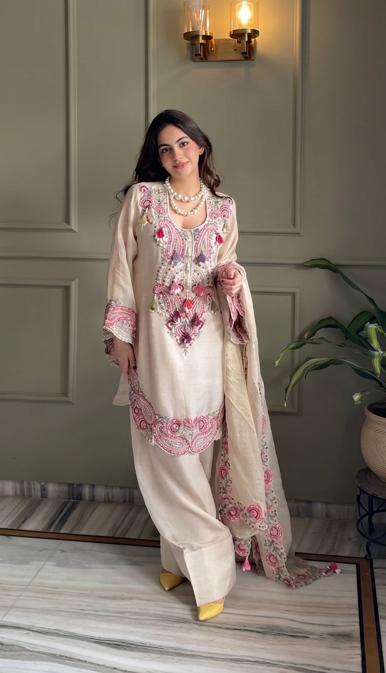 Cream suit set flat lay with dupatta and accessories