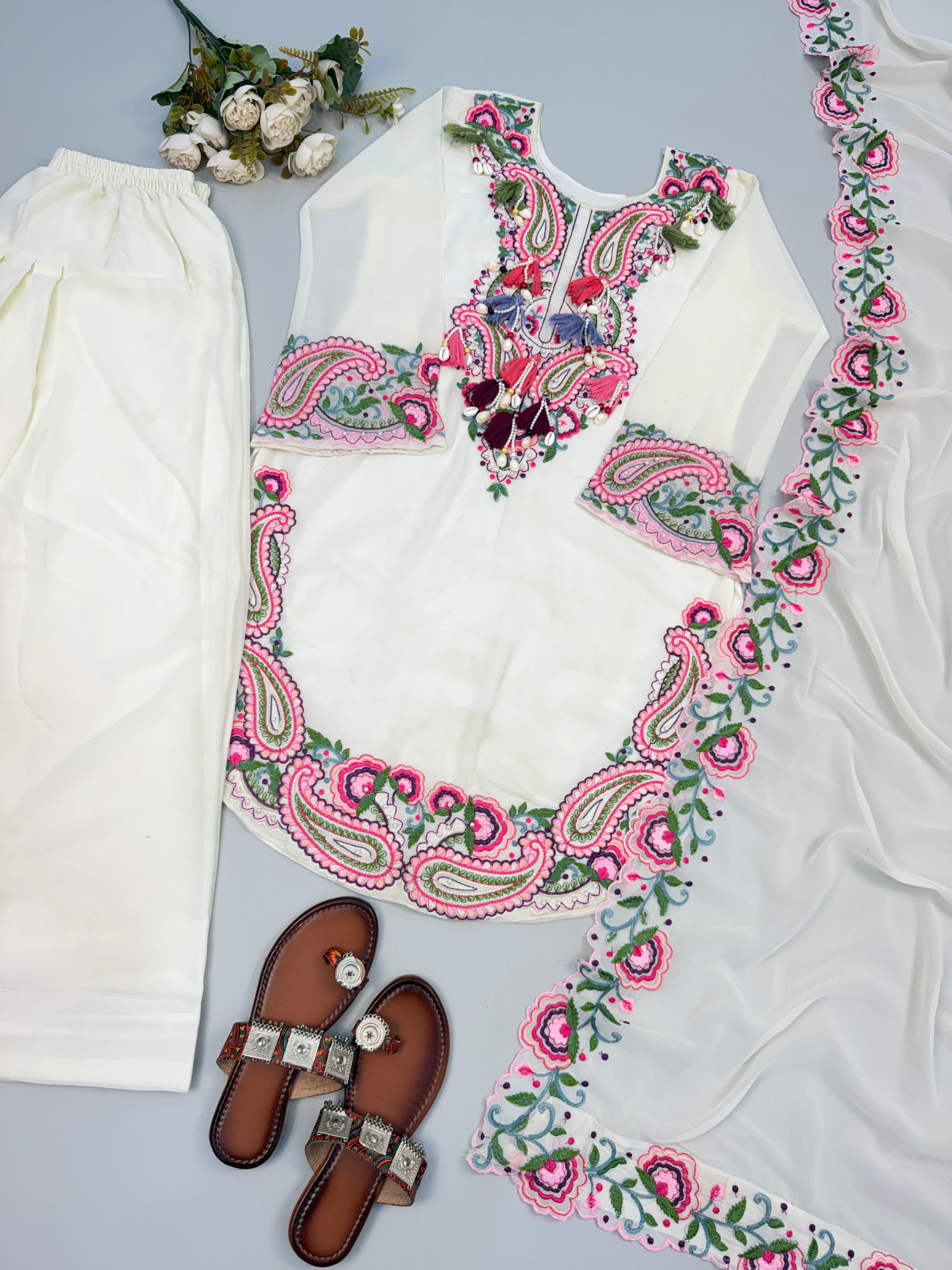 Full sleeve cream kurti with paisley embroidery flat lay