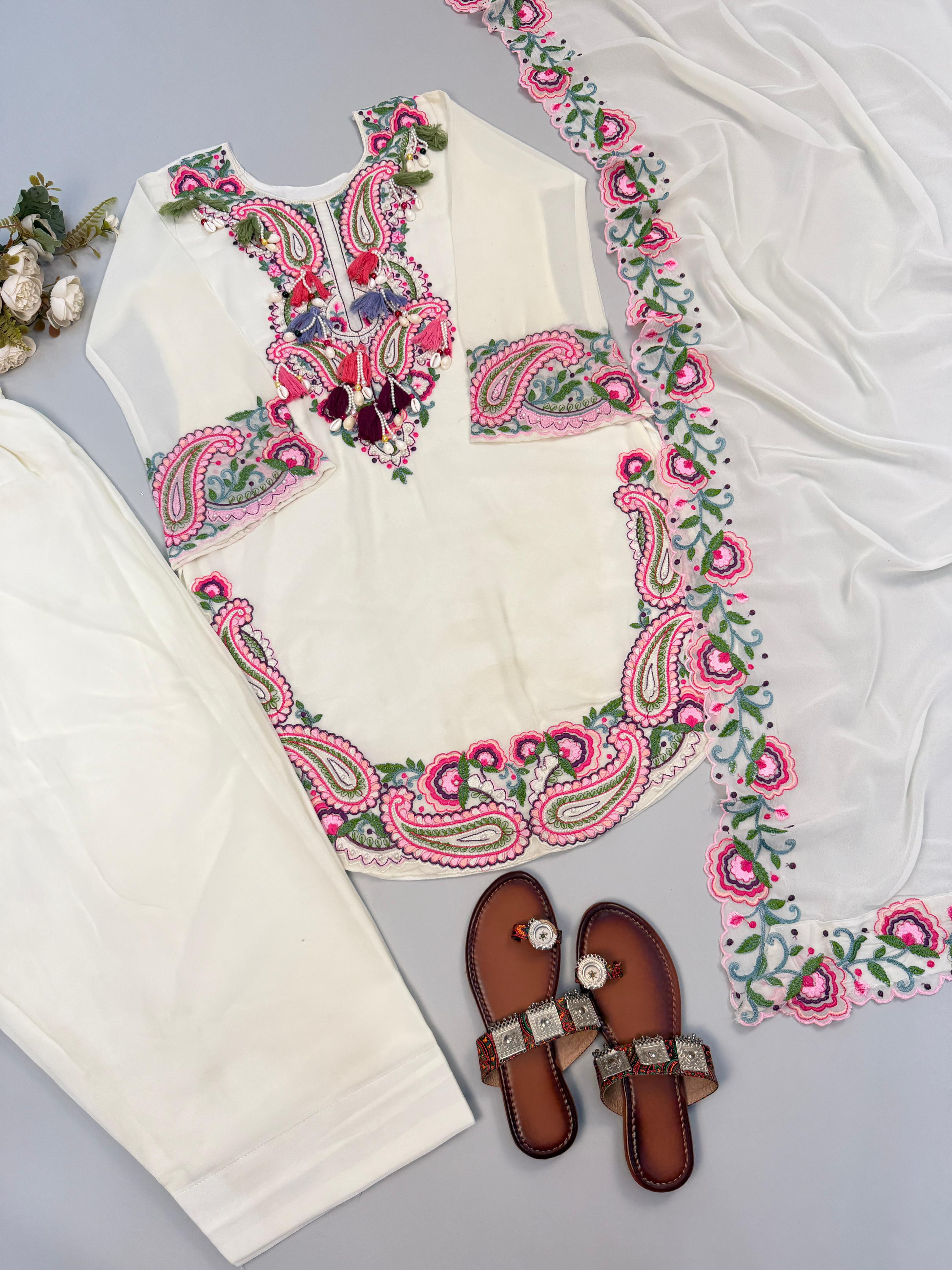 Cream georgette suit set with dupatta and kolhapuri sandals