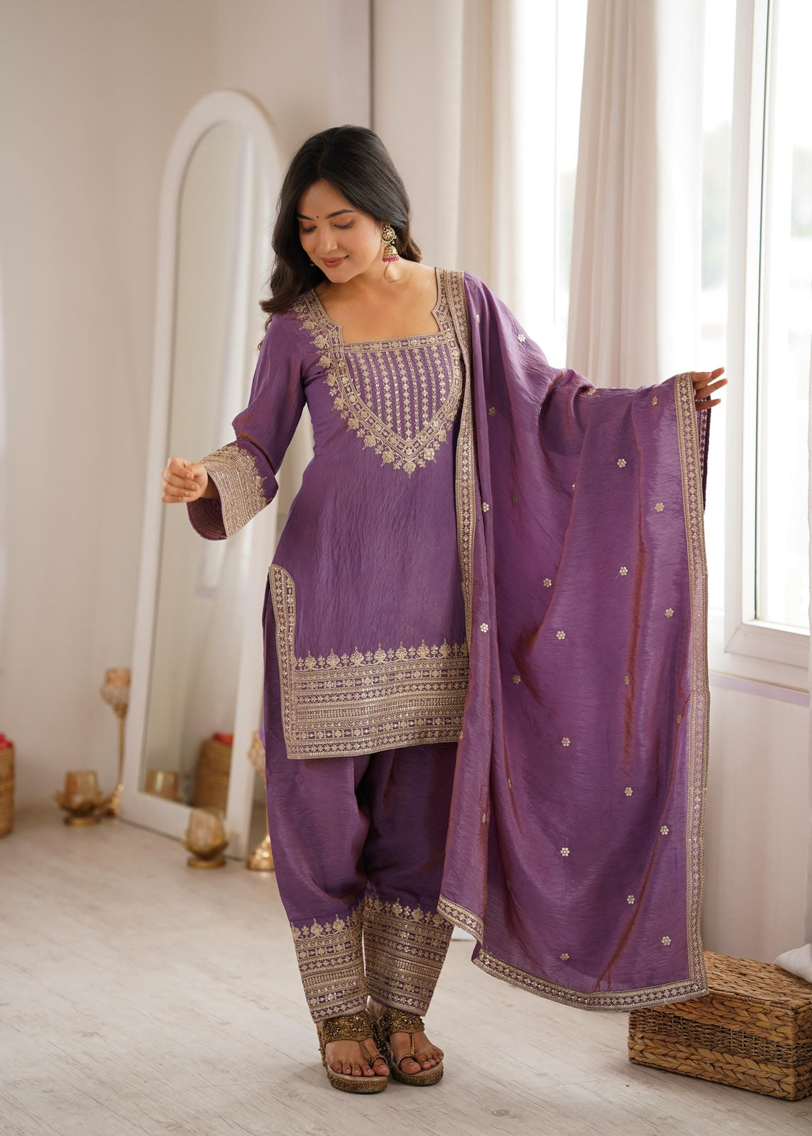 Model in onion pink NC Vichitra silk embroidered suit set