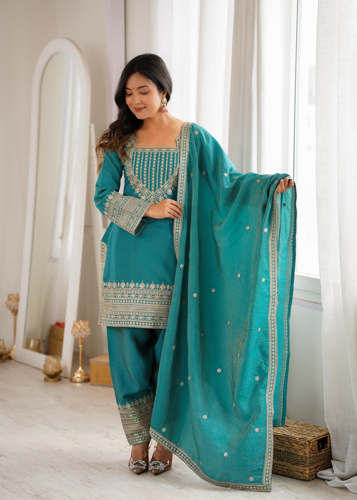 Sea green suit set flat lay with farshi shalwar and dupatta