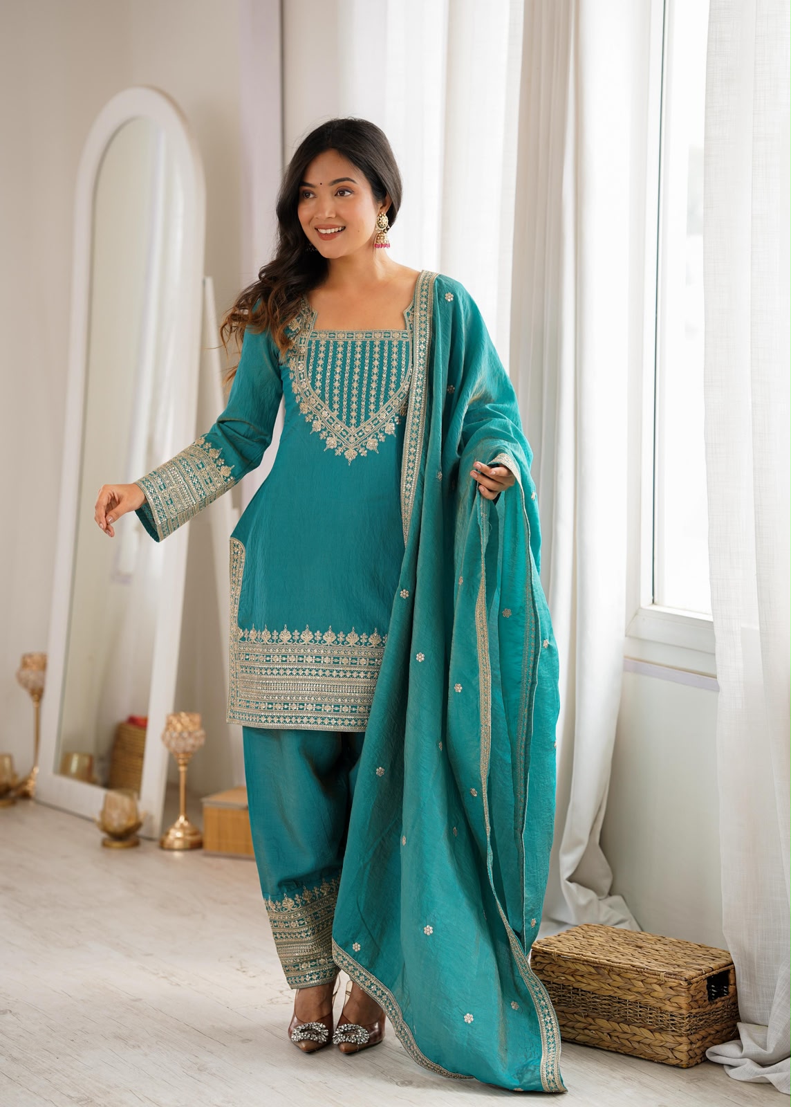 Sea green vichitra silk kurta flat lay with jari work detail
