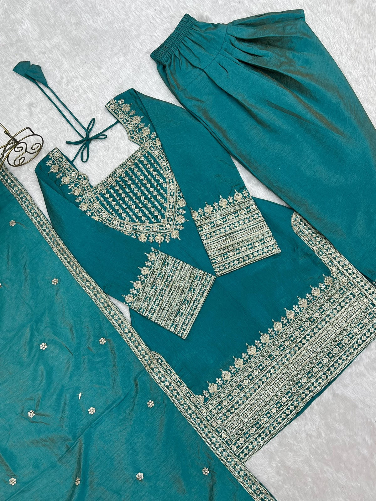 Sea green NC Vichitra silk suit set complete flat lay