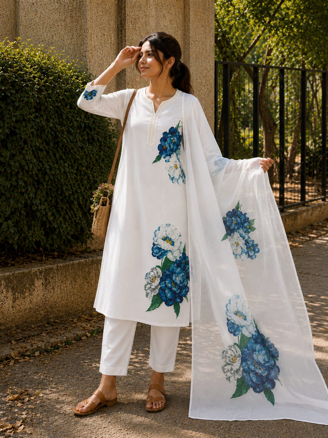 Model in cream floral suit set holding dupatta outdoors